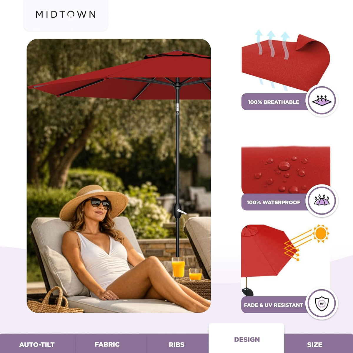 Midtown Umbrellas - The Lean 9 Ft Patio Umbrella with Fade-Resistant Sunbrella Fabric, Auto-Tilt Aluminum Frame and 8 Reinforced Ribs for Deck, Pool & Garden - Red Canopy, Black Pole
