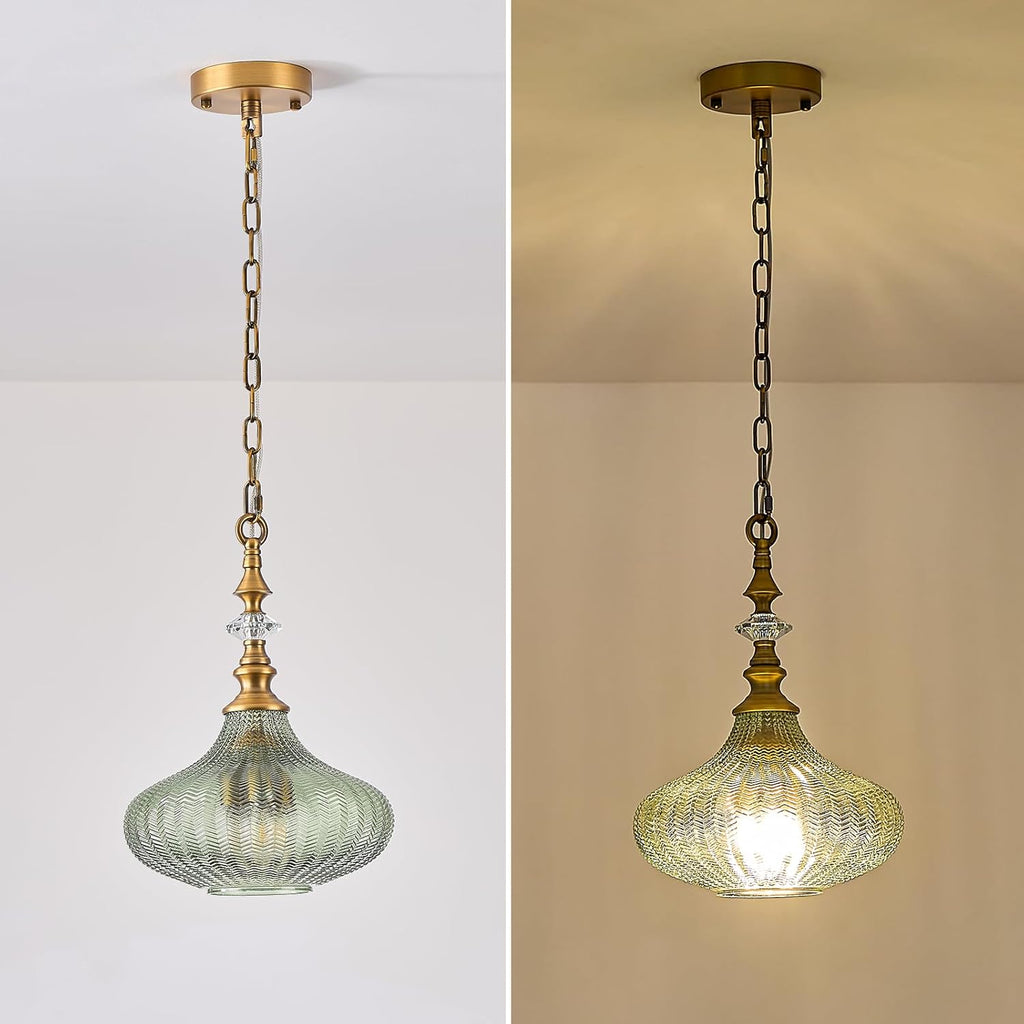 3-Light Chandelier,Vintage Gold Farmhouse Pendant Light Fixture for Kitchen,Adjustable Hanging Lighting with Green Glass Shade for Hallway Bedroom Entryway Dining Room Island