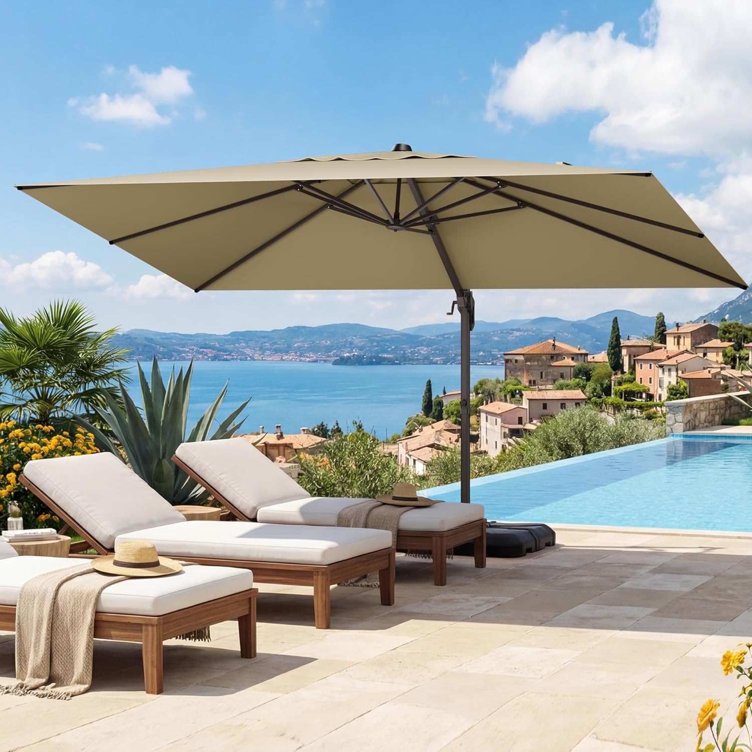 HASLE OUTFITTERS 9x12 FT Patio Cantilever Umbrella with Base, Outdoor Offset Large Rectangular Heavy Duty Umbrellas with 360° Rotation for Pool Garden Deck .Beige