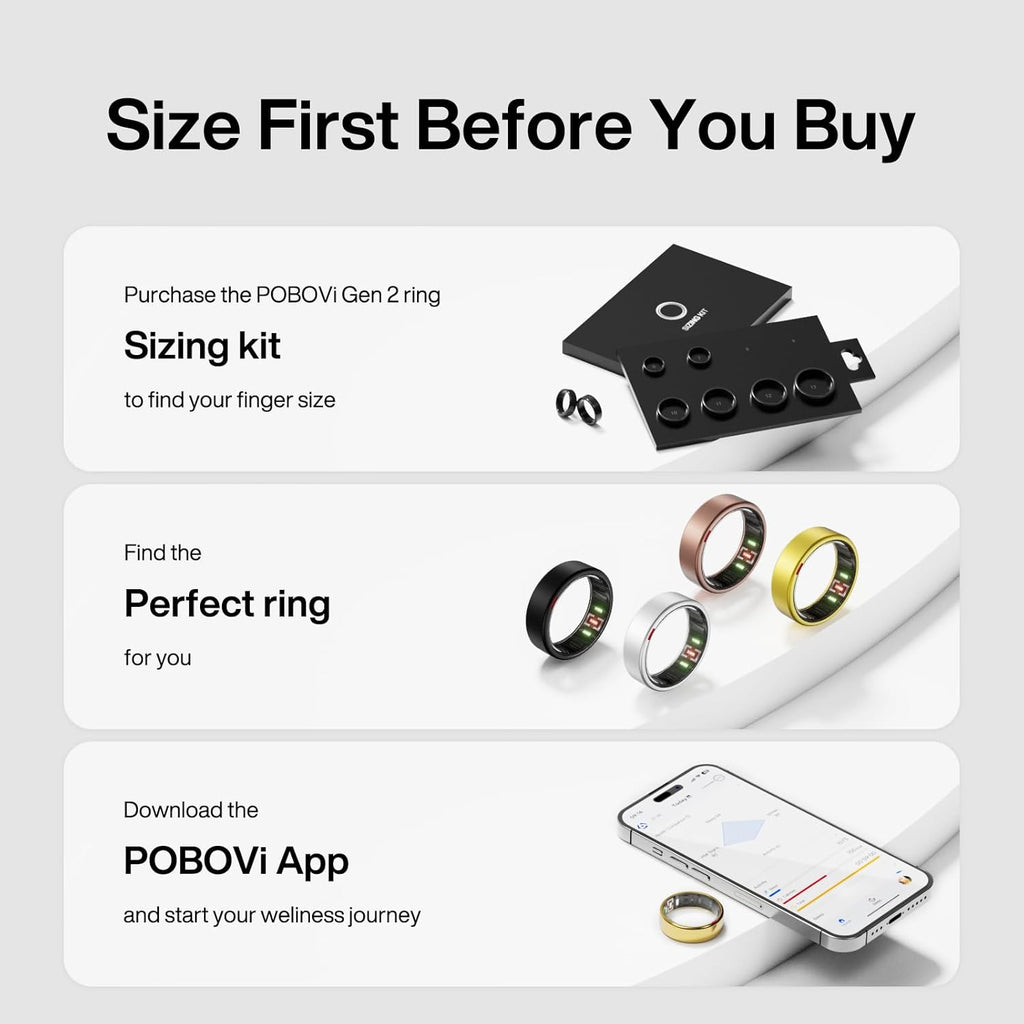 POBOVi Gen 2 Titanium Smart Ring for Women & Men, Sleep & Heart Rate Tracker, No Subscription, Size Before You Buy (Gold, 7)