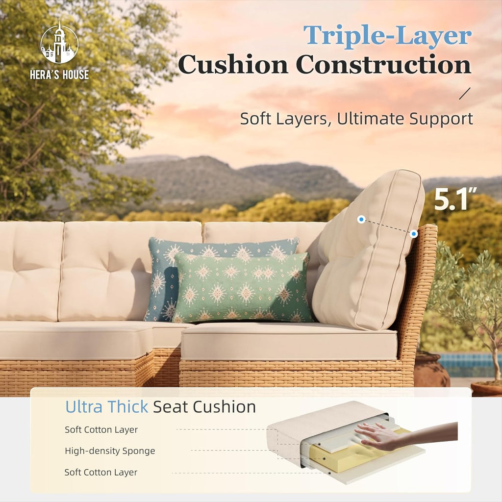 HERA'S HOUSE Patio Furniture Set, 8 Piece Wicker Outdoor Patio Conversation Set, Outside L-Shaped Sectional Sofa Couch with 1 Height Adjustable Table, Chaise Lounge and 2 Ottomans for Yard and Lawn