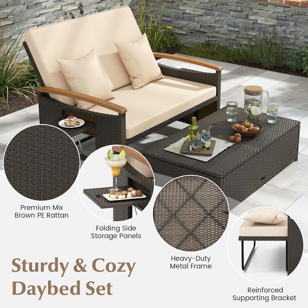LDAILY Moccha Outdoor Wicker Daybed, Patio Rattan Loveseat Sofa w/ 4-Level Adjustable Backrest, Folding Panels, Storage Ottoman & Cushions, Lounge Furniture Set for Poolside Backyard Porch (Beige)