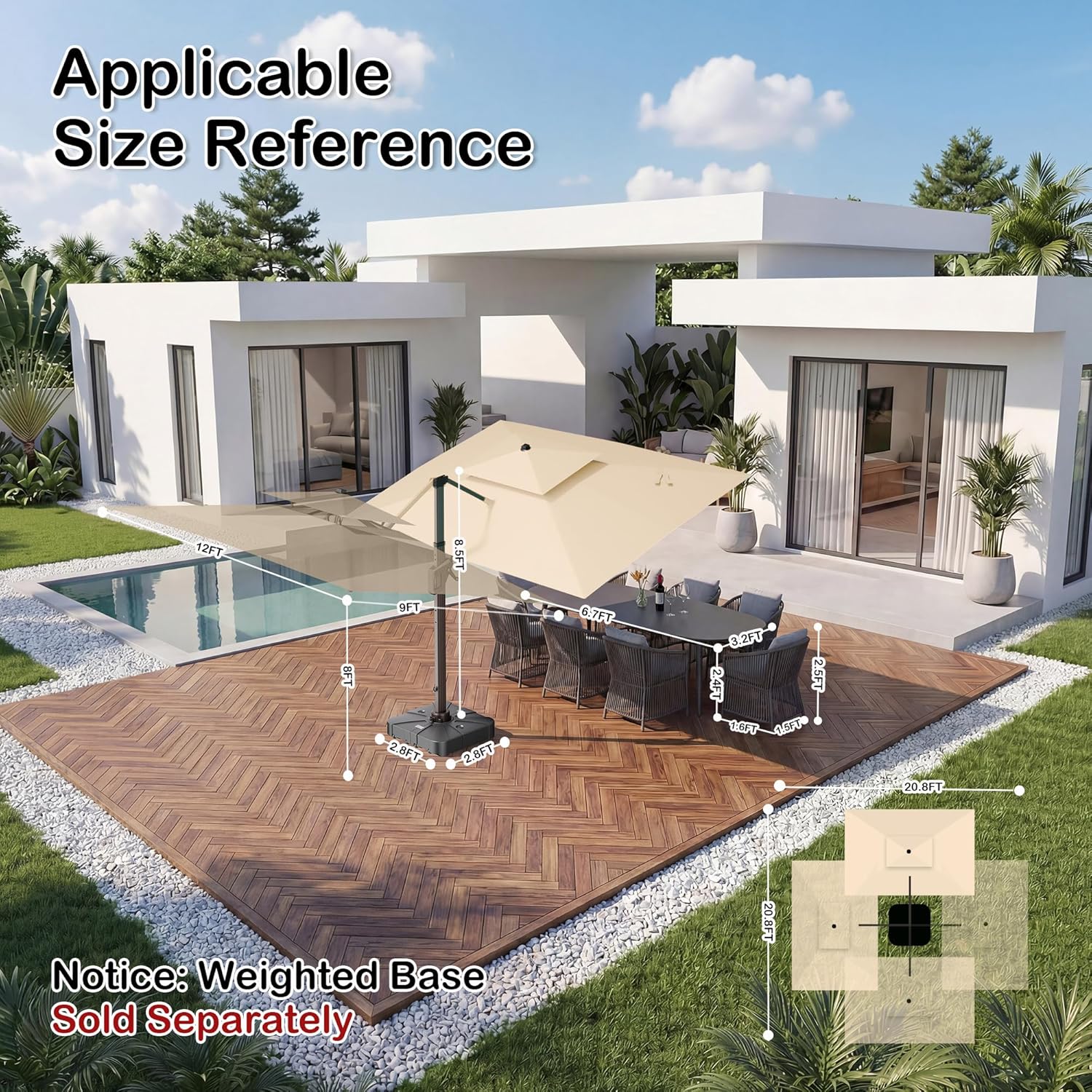 9x12 FT Patio Umbrella with Weighted Base and LED Lights Cantilever Outdoor Large Heavy Duty Rectangle Aluminum Offset Umbrellas Double Top 360 Rotation for Pool Deck Garden, Beige