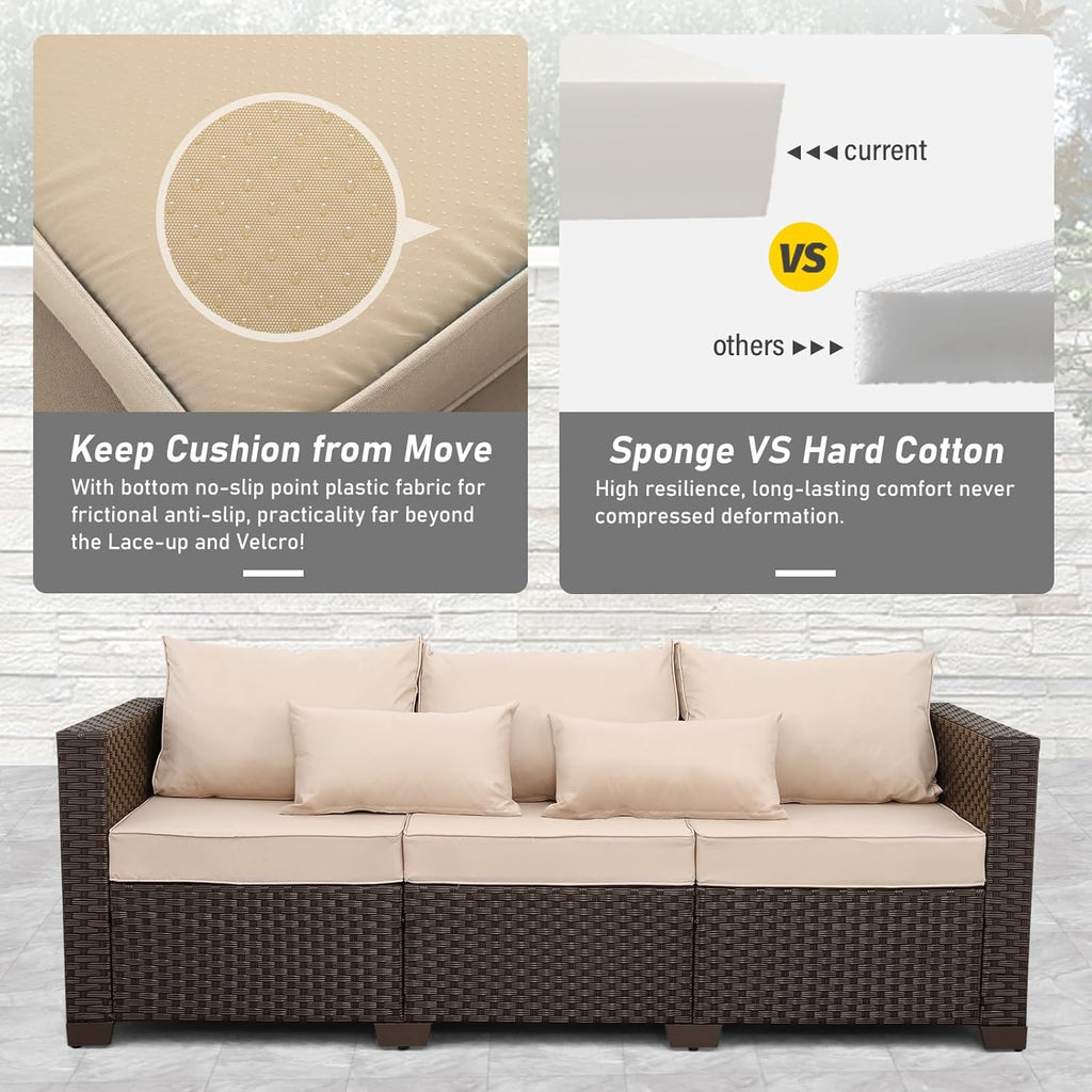 Rattan Star Outdoor Furniture Couch 3 Seater Sofa Outdoor Brown Wicker Sofa Deep Seat High Backrest Patio Couch with Non-Slip Cushions Waterproof Cover, Khaki