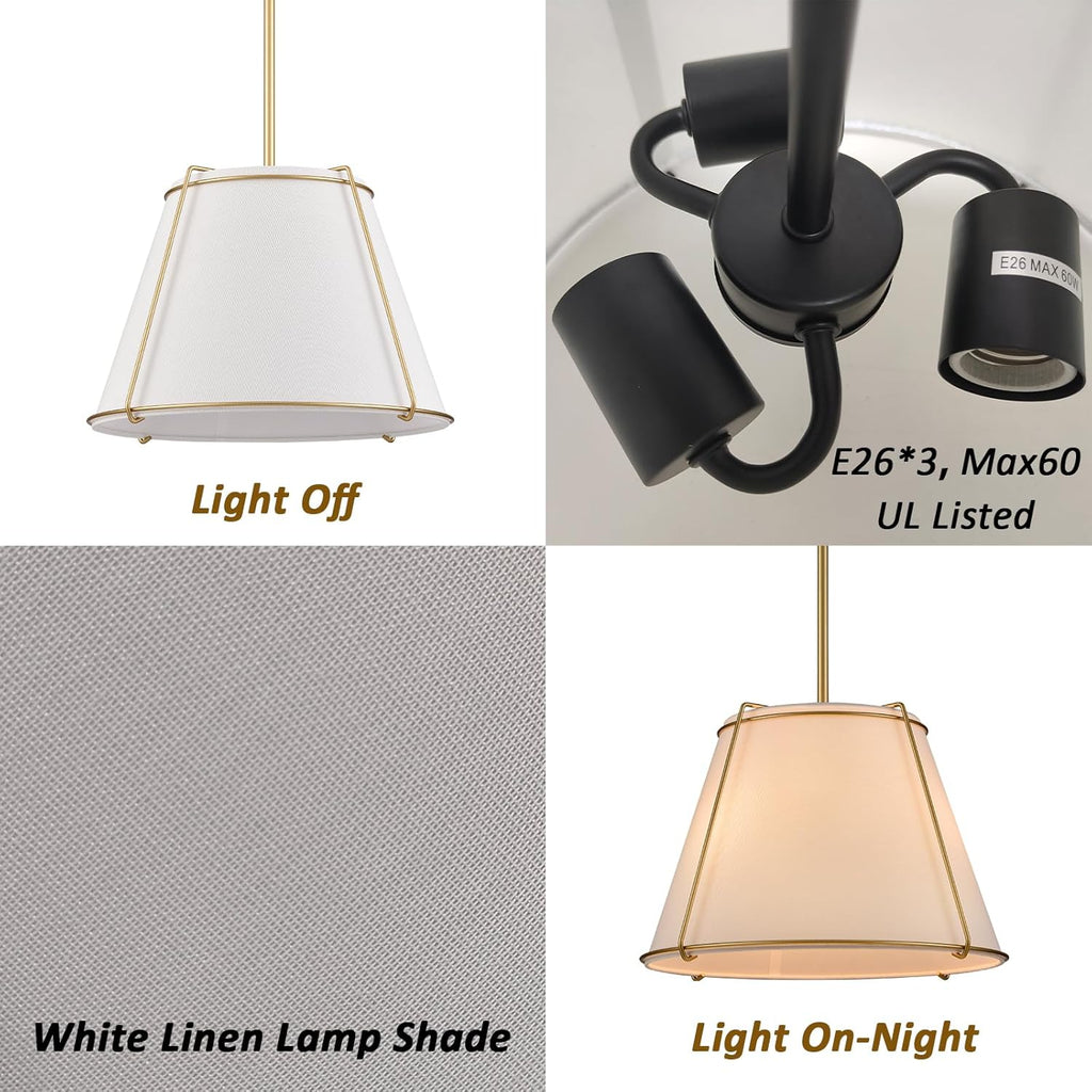 Cone Pendant Light Fixture with Metal Lantern Fabric Drum Shade 16" White and Gold Chandeliers for Kitchen Dining Room Living Room Bedroom