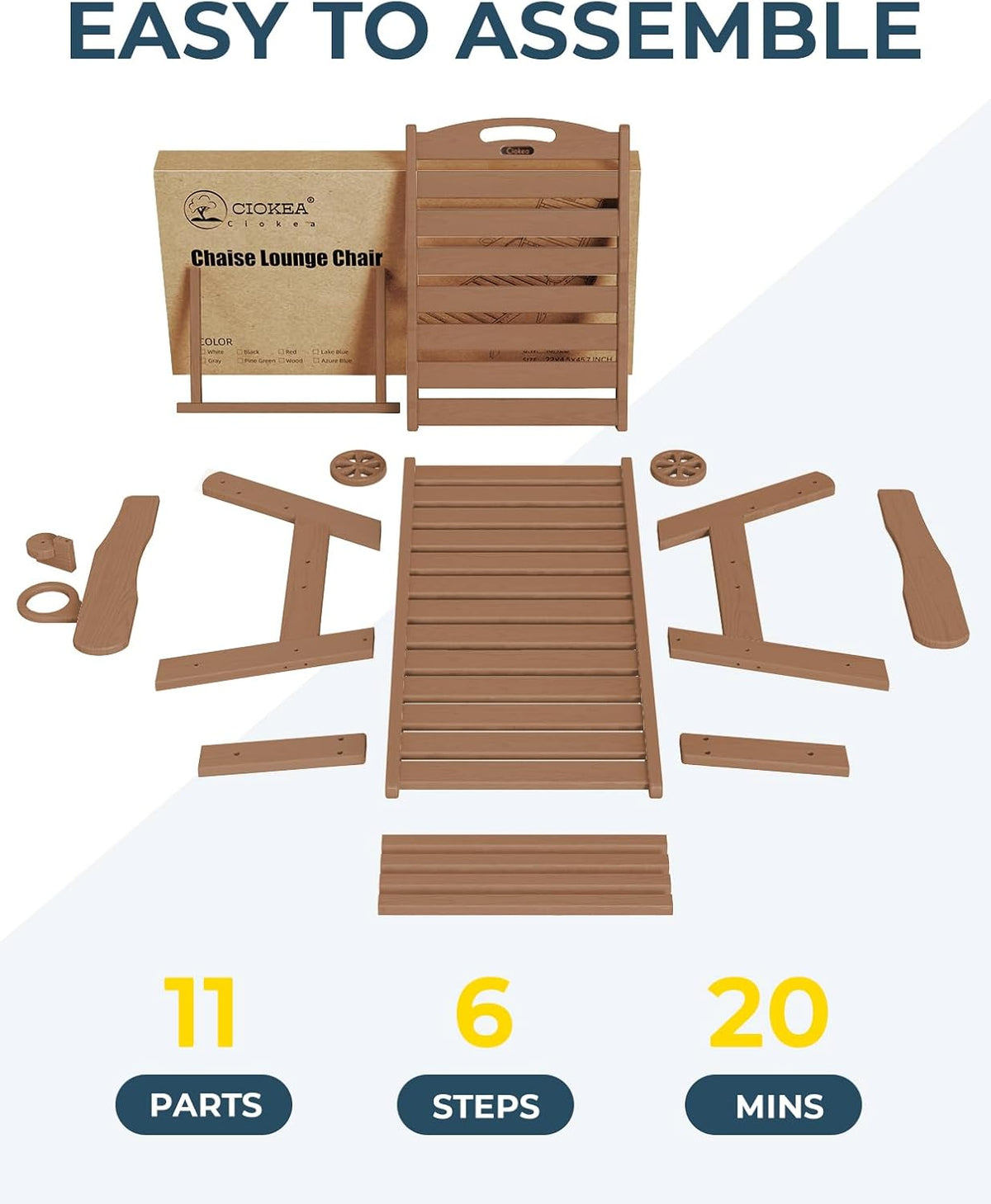 Ciokea Lounge Chair Outdoor, Oversized Chaise Lounge Chair with 5 Positions, HDPE, Patio Lounge Chair with Wheels & Cup Holder for Pool, Deck, Poolside, Teak