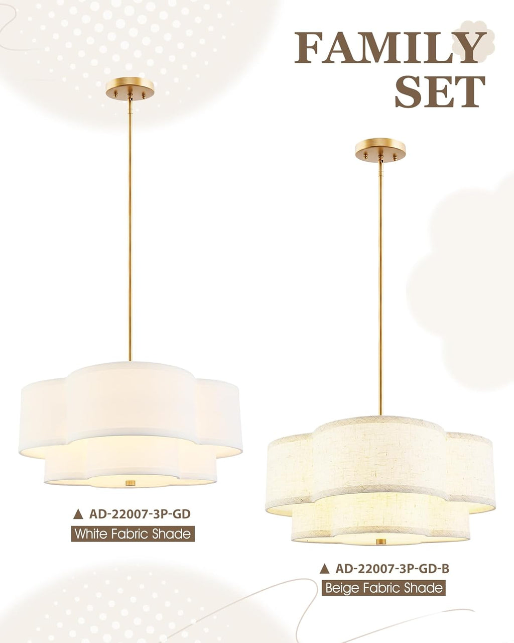 18" Chandelier, 3-Light Gold Pendant Light Fixtures with Dual Layer Linen Shade in Quatrefoil Shape, Double Drum Chandeliers for Dining Room Kitchen Living Room Bedroom, AD-22007-3P-GD-B