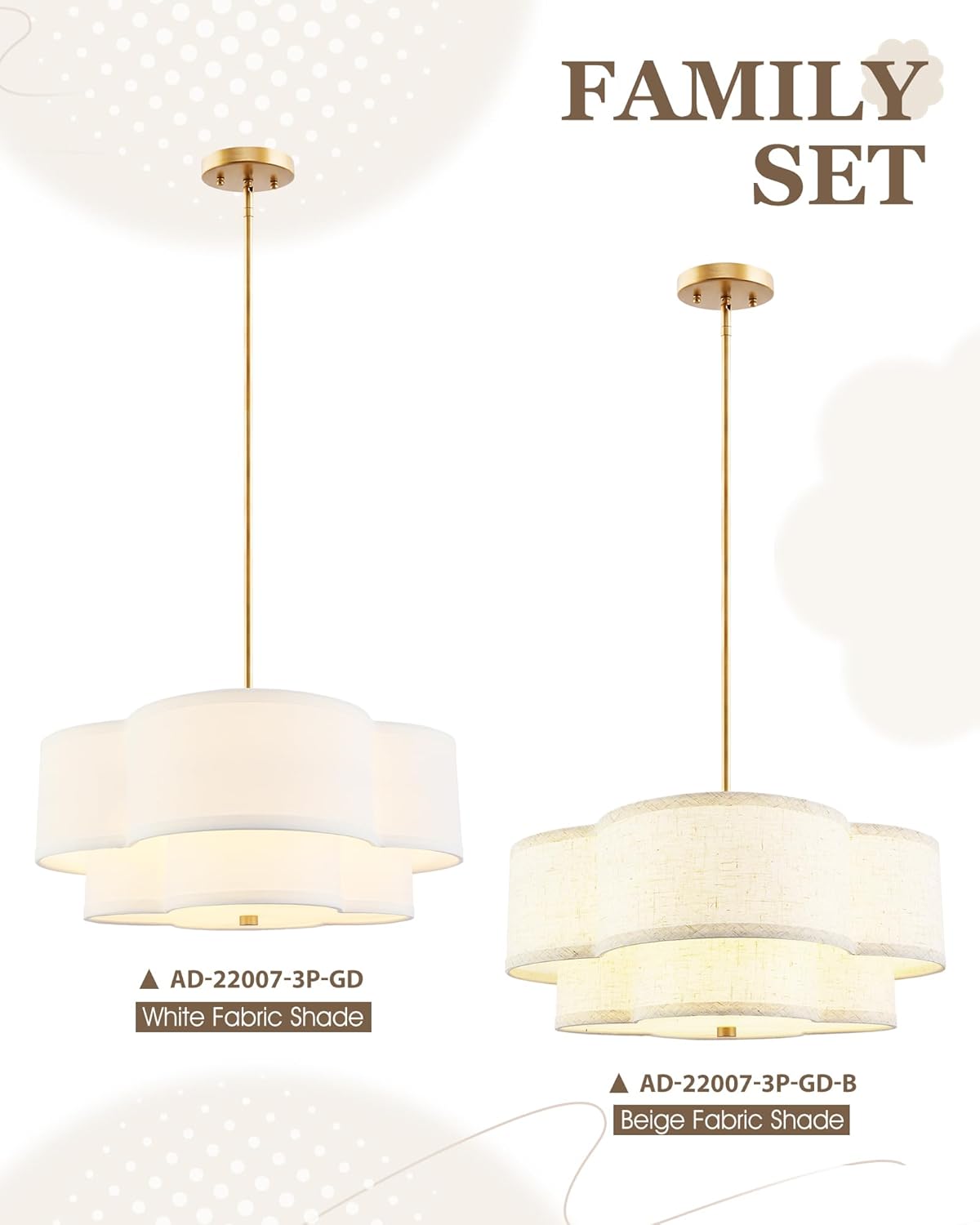 18" Chandelier, 3-Light Gold Pendant Light Fixtures with Dual Layer Linen Shade in Quatrefoil Shape, Double Drum Chandeliers for Dining Room Kitchen Living Room Bedroom, AD-22007-3P-GD-B