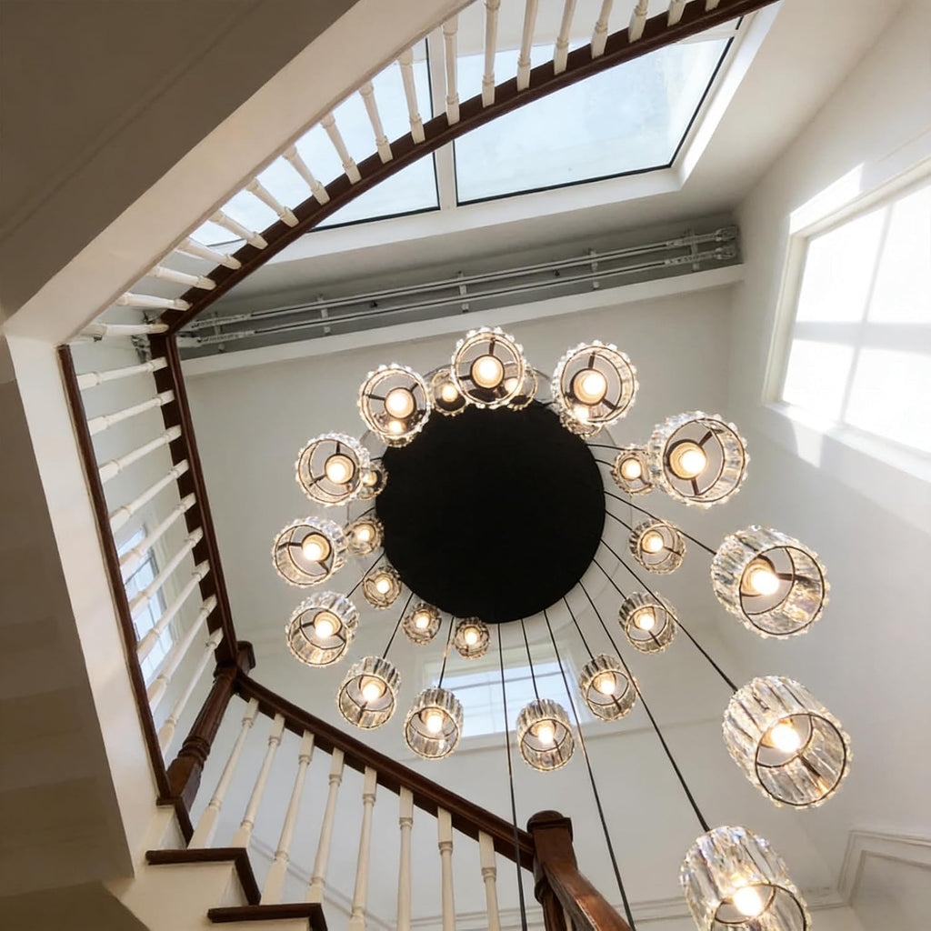 Long Chandeliers for High Ceilings,Modern Crystal Pendant Light,Raindrop Drop Lamp,Hanging Flush Mount Lighting Fixtures for Spiral Staircase,Foyer,Entryway,Living Room,Black (6 Lights)