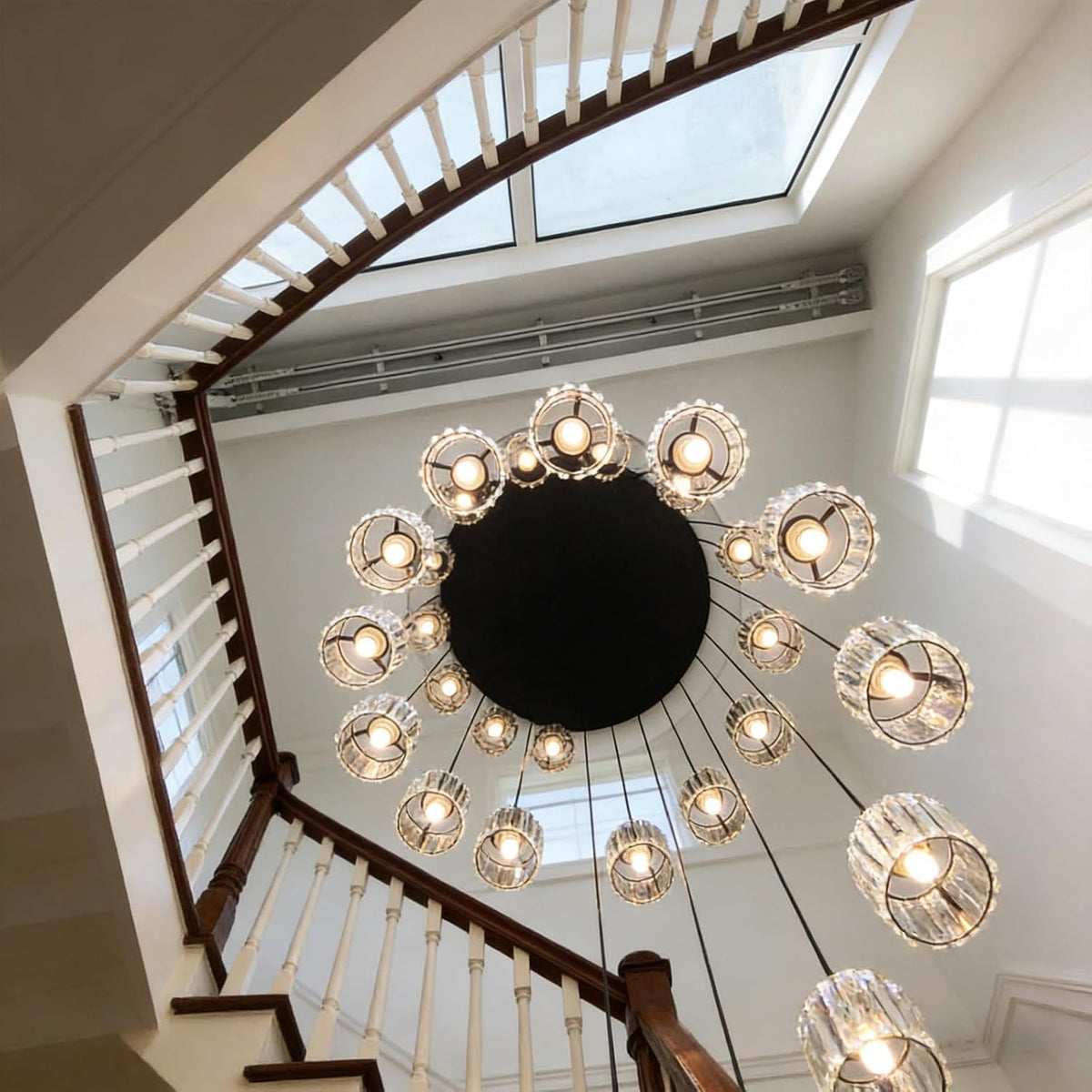 Long Chandeliers for High Ceilings,Modern Crystal Pendant Light,Raindrop Drop Lamp,Hanging Flush Mount Lighting Fixtures for Spiral Staircase,Foyer,Entryway,Living Room,Black (6 Lights)