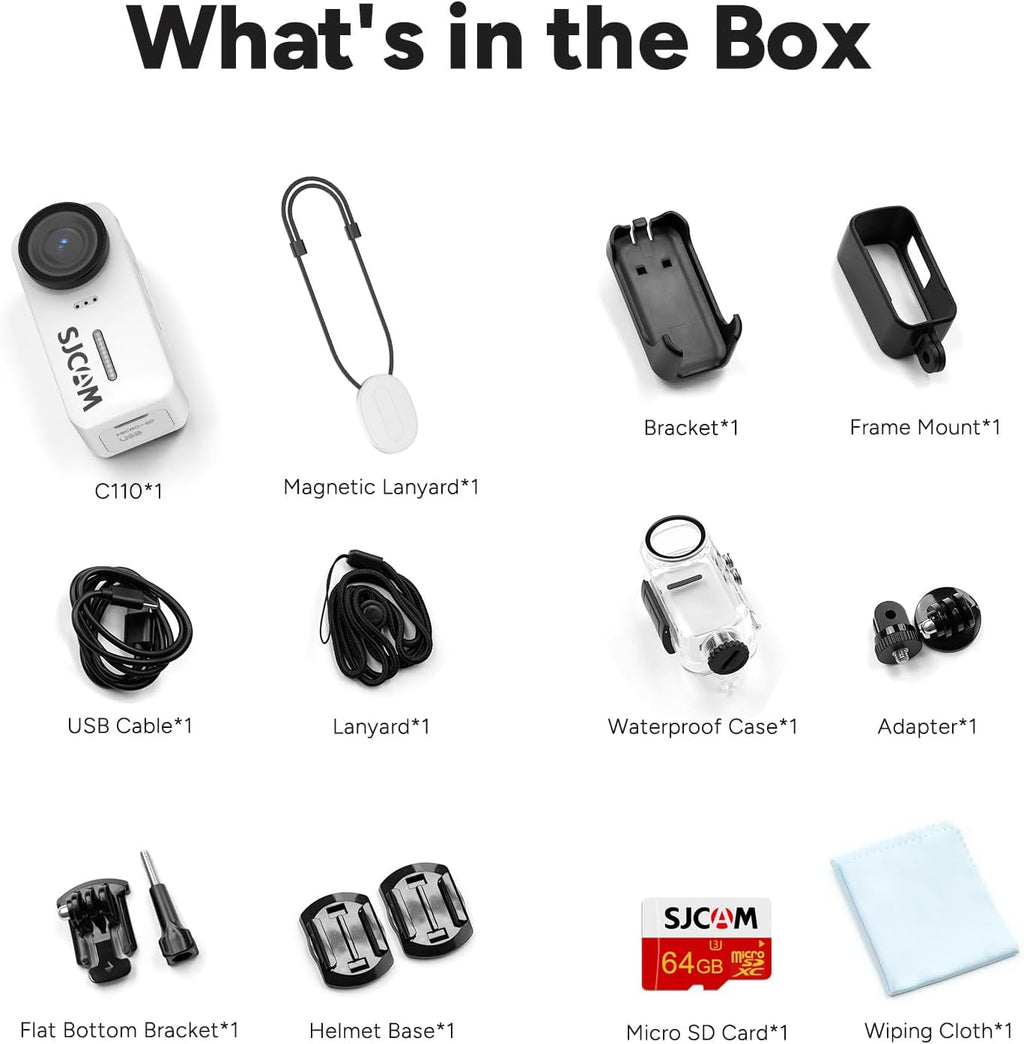 SJCAM C110+ 4K Mini Body Camera with 6-Axis Gyro Stabilizer,170° Wide Angle Magnetic POV Wearable Action Cam, 30M Waterproof, 64GB Card, Hands-Free Recording for Helmet, Motorcycle & Vlogging