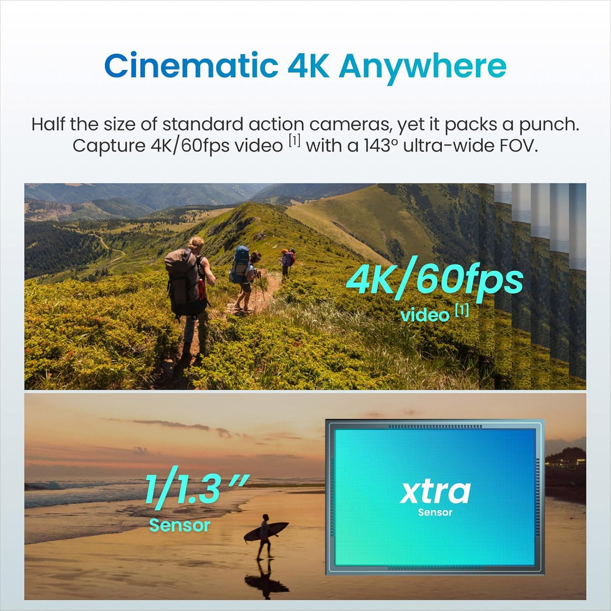 Xtra Atto Wearable 4K Action Camera (128GB), 54 g, Light and Compact, 1/1.3″ Sensor, 4K/60fps Video, 220‑Min Max Recording, 5-Min Pre-Recording, Built-in Stabilization, 600MB/s Fast Transfer