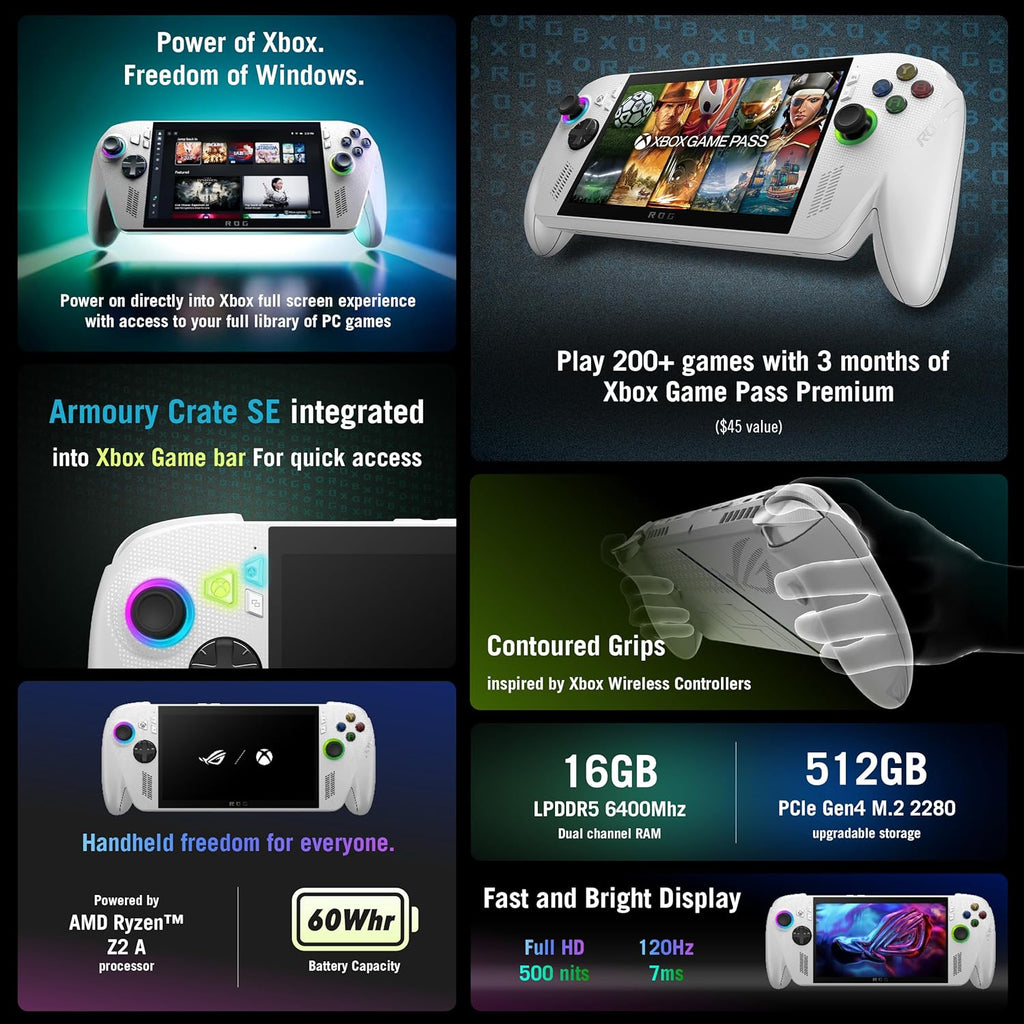 ASUS ROG Xbox Ally Gaming Handheld 7" 120Hz Touchscreen IPS Display (AMD Ryzen Z2 A, 16GB LPDDR5X, 1TB SSD, AMD RDNA 2 Graphics, Fingerprint, WiFi 6E, Bluetooth 5.4, Win 11 Home) /w DKZ Hub