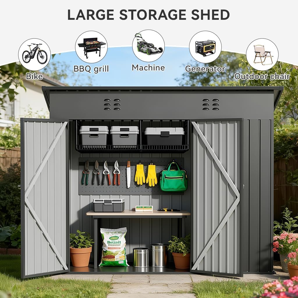 COMHOMA Shed Storage Outdoor Metal Windowed Lockable Weatherproof Ventilated Backyard Garden Utility Workshop(Grey,8'*4')