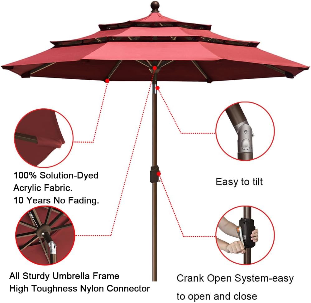 EliteShade USA 10-Year-Non-Fading 9ft 3-Tier Market Patio Umbrella, Commercial Grade Outdoor Table Umbrella with Crank Open, Windproof & UPF 50+ UV Protection, Heavy Duty Ventilation for Garden, Deck, Pool, Backyard, Beach & Bistro, Burgundy