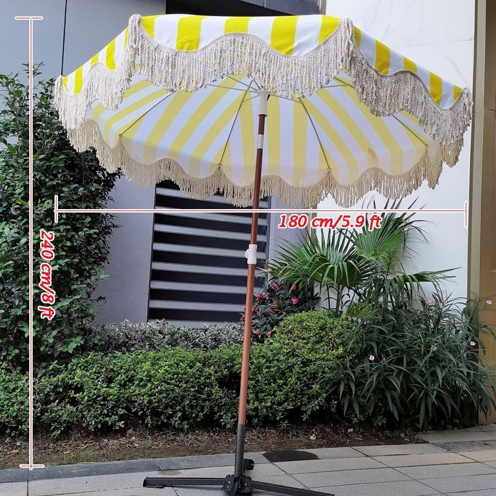 7FT Boho Fringe Patio Umbrella - Outdoor Garden Parasol for Beach Deck - Yellow and White Stripes - Stylish Vintage Tassels - Push Button Tilt