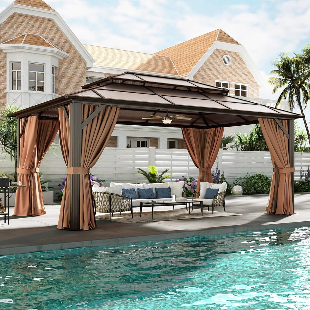 Aoxun 12'x16' Hardtop Gazebo, Aluminum Frame Permanent Pavilion with Curtains and Netting, Outdoor Polycarbonate Double Roof Canopy, Designed for Garden, Lawns, Patio