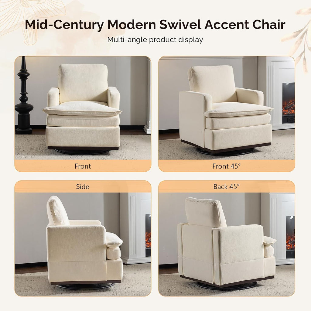 VINGLI 360°Swivel Mid-Century Modern Accent Armchairs Set of 2 with Double-Layer Seat Cushions, Comfy Single Square Sofa, Upholstered Club Chairs for Living Room,Bedroom, Reading Room, Chenille Beige