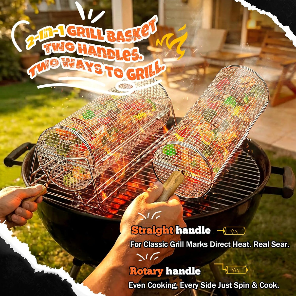 2-in-1 Rotatable Rolling Grill Basket, 304 Stainless Steel, with Removable Wooden Dual Handles & Rotating Stand, BBQ Accessories Tools for Vegetables Shrimp, Gifts for Birthday/Men/Dad/Husband