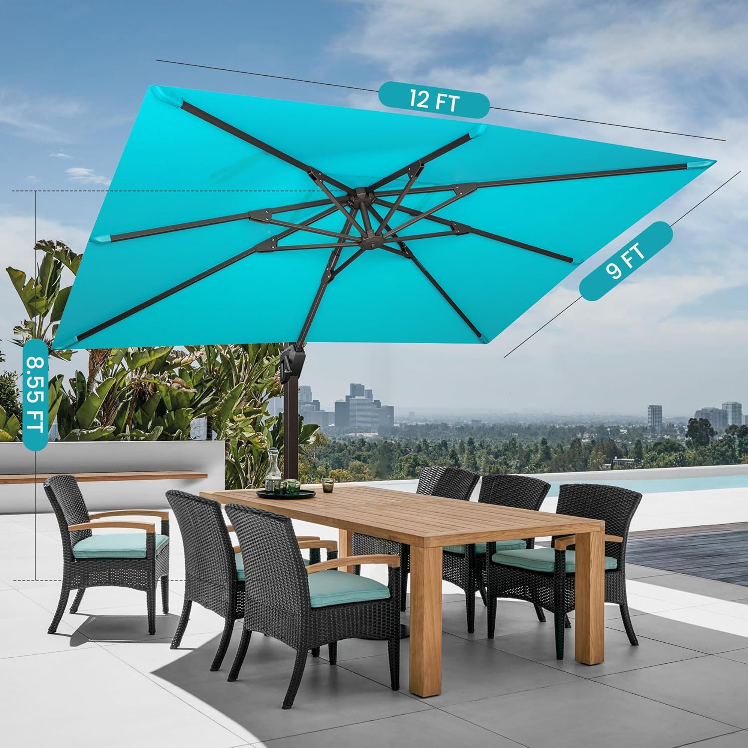 9' X 12' Cantilever Patio Umbrella with Base Included Rectangular Outdoor Large Offset Umbrellas with 7 Tilts Adjustable 360°Rotation for Deck Pool Garden Backyard, Turquoise