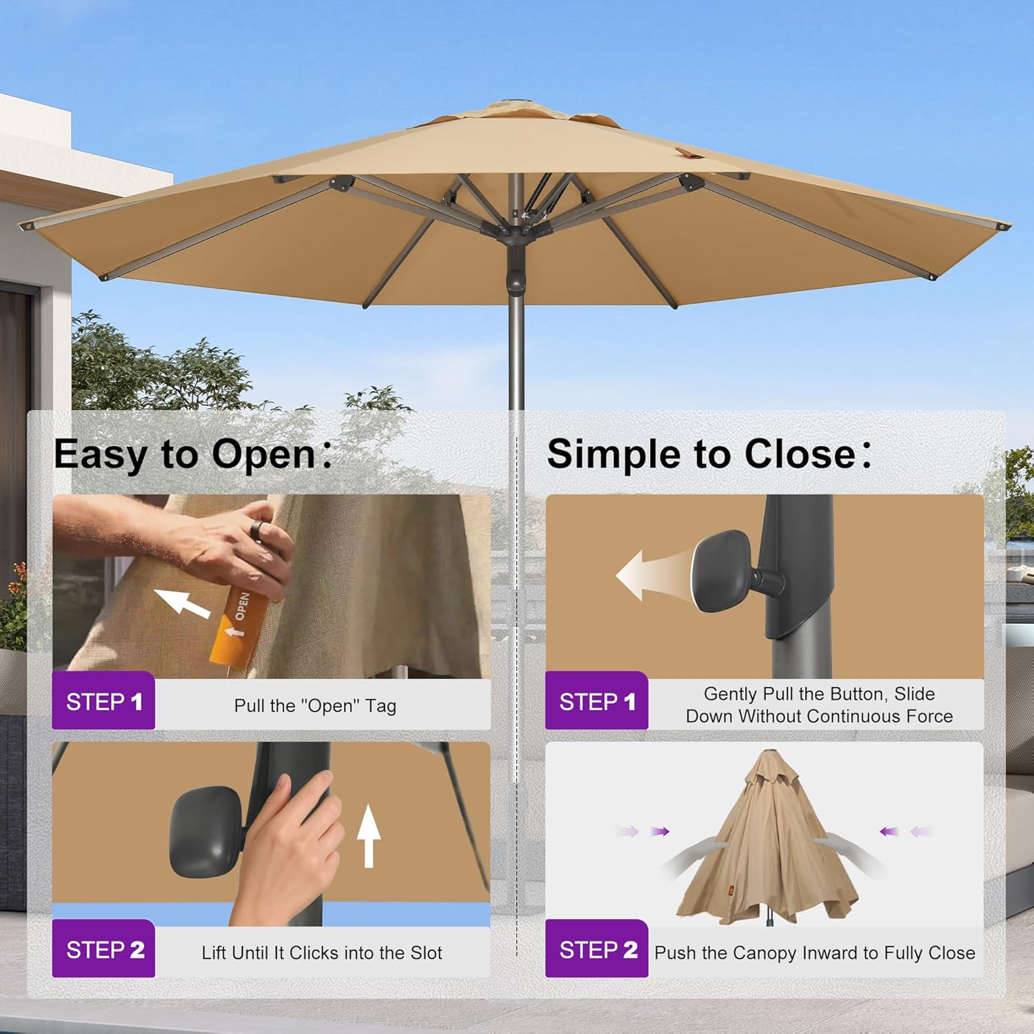 PURPLE LEAF 10 FT LED Round Patio Umbrella with Solar Lights Heavy Duty Windproof Semi Auto for Outdoor Dining Rooftop Bar Wedding Venue Resort Event Hotel Restaurant Night Business Commercial Use Beige