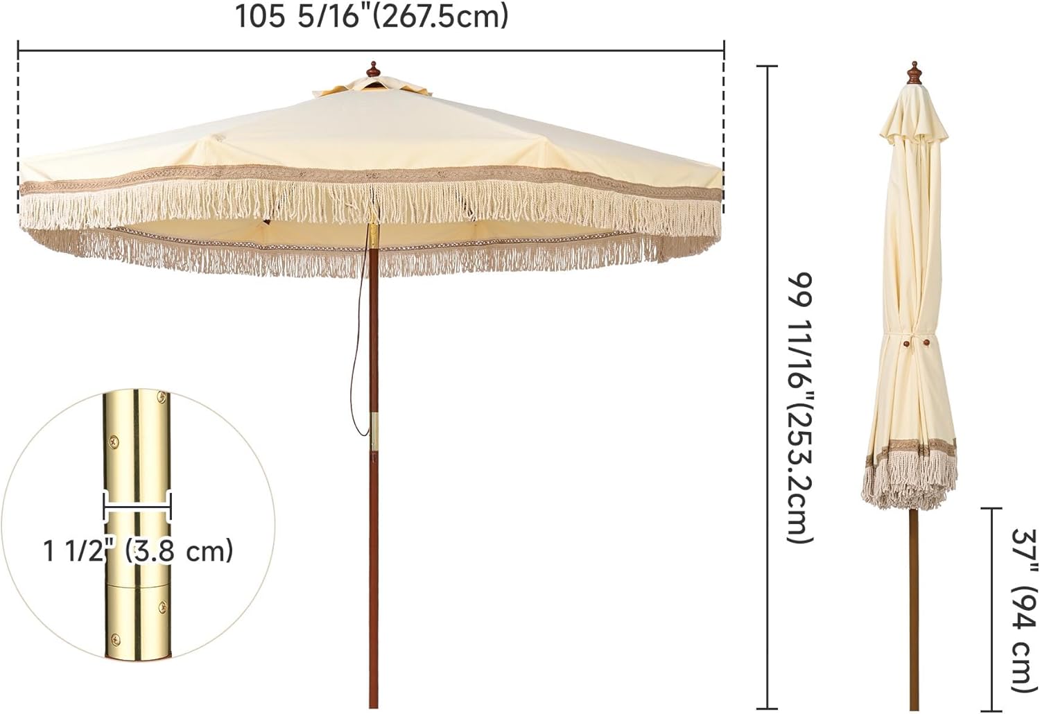 LAGarden Boho Market Wood Fringe Patio Umbrella with Carry Bag Tassels for Outdoor Event Garden Yard House Wedding Party Deck Poolside Sun Shade Parasol
