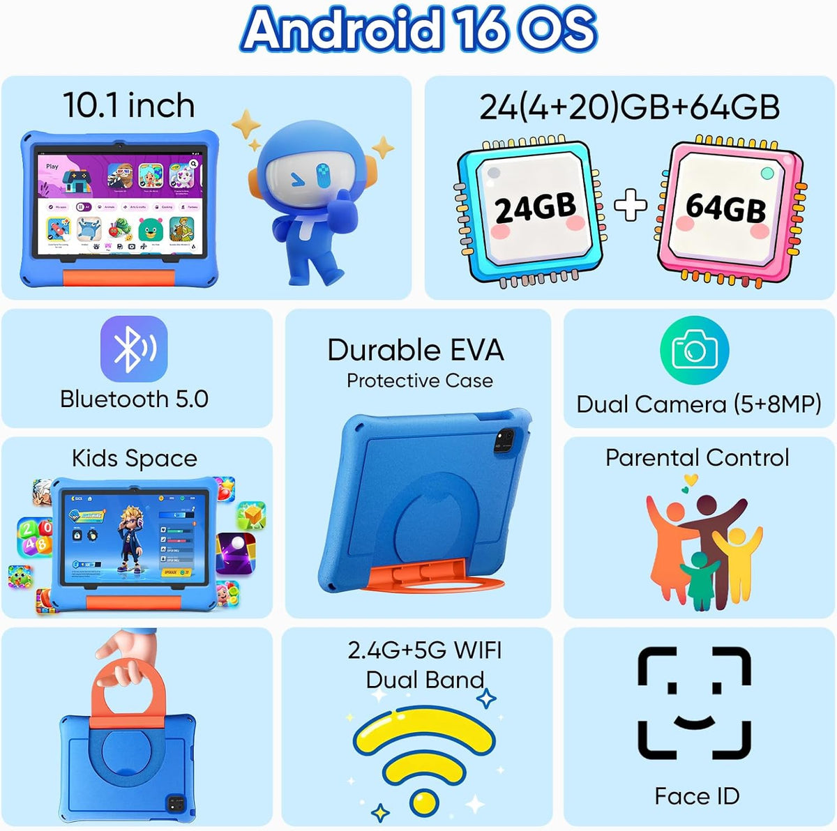10 inch Kids Tablet, Android 16 Tablet for Kid, Octa-Core Processor, 24GB RAM, 64GB ROM 1TF Card Expandable for Toddler Children,Tablets with Case, Parental Control, 6000mAh, WiFi, BT5.0, Dual Camera