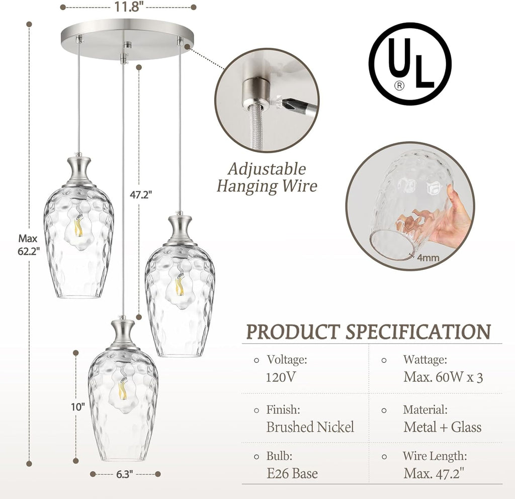 3-Light Pendant Lighting, Modern Brushed Nickel Dining Room Chandelier Light Fixture Over Table with Hammered Glass, Brass Cluster Hanging Lights for Kitchen Island Dining Room Bedroom, E26