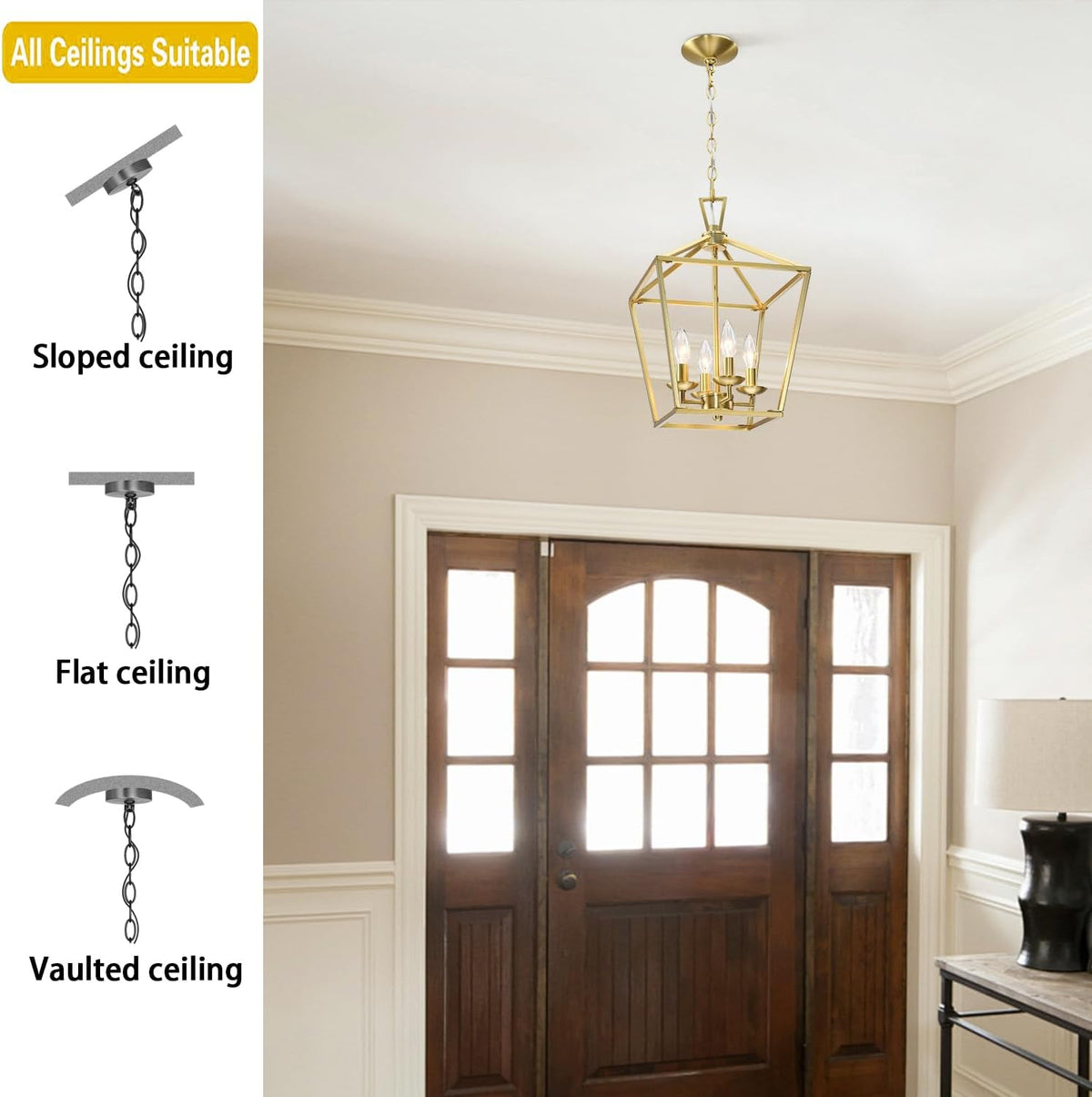 Untrammelife Gold Lantern Chandelier 4-Light Pendant Light Modern Hanging Pendant Light Fixtures in Brushed Brass Finish, Adjustable Metal Chain Geometric Chandelier for Kitchen Island Stair Foyer