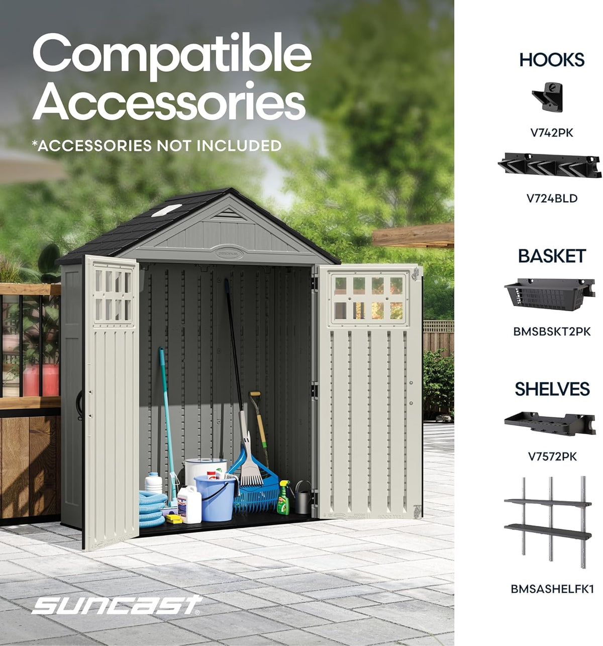 Suncast Everett 6x3 ft Vertical Storage Shed - Resin Outdoor Garden Shed with Floor, Windows, Skylight & Lockable Double Doors. Slim Yard Storage for Utility Tools & Backyard Equipment