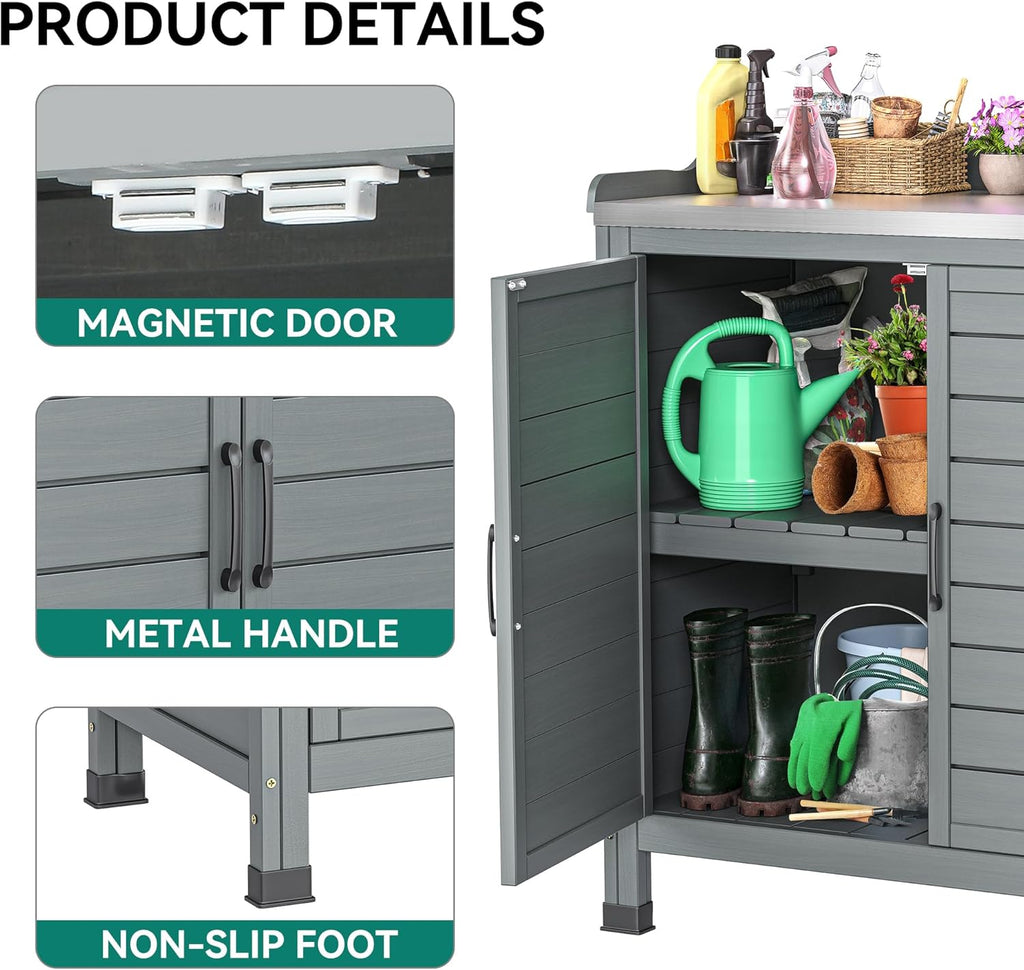 YITAHOME Outdoor Garden Potting Bench with Storage Cabinet, Metal Tabletop & Removable Shelf, Wooden Planting Workstation for Patio, Garden, Yard (Grey)