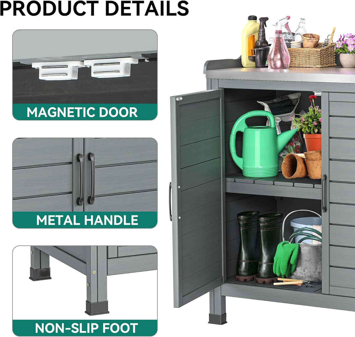 YITAHOME Outdoor Garden Potting Bench with Storage Cabinet, Metal Tabletop & Removable Shelf, Wooden Planting Workstation for Patio, Garden, Yard (Grey)