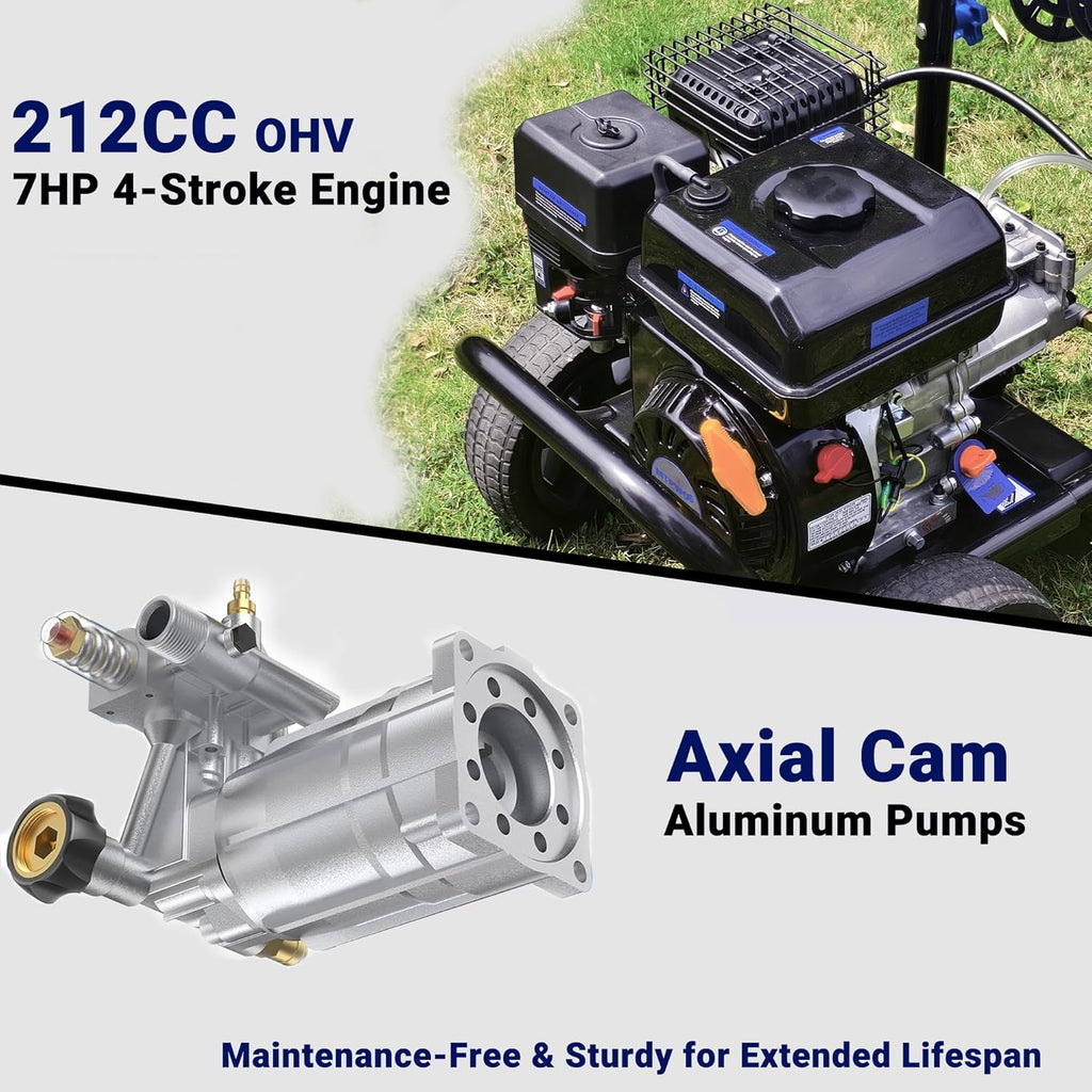 Gas Pressure Washer, 3600 PSI 2.3GPM Gas Powered Pressure Washer 212CC 4-Stroke OHV Engine, 30ft Hose&Reel 5 Nozzles Commercial High Pressure Washer for Cars Fences Driveways Patios Furniture