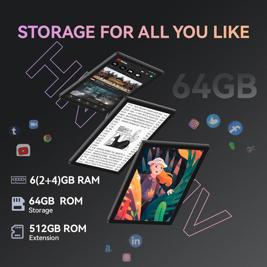 HNVHNV Tablet 10 inch Android 13 Tablets, 6GB RAM 64GB ROM, Quad-Core Processor, 1280x800 LCD Touch Screen, WiFi, GMS, Dual Camera, Bluetooth, 6000mAh Battery