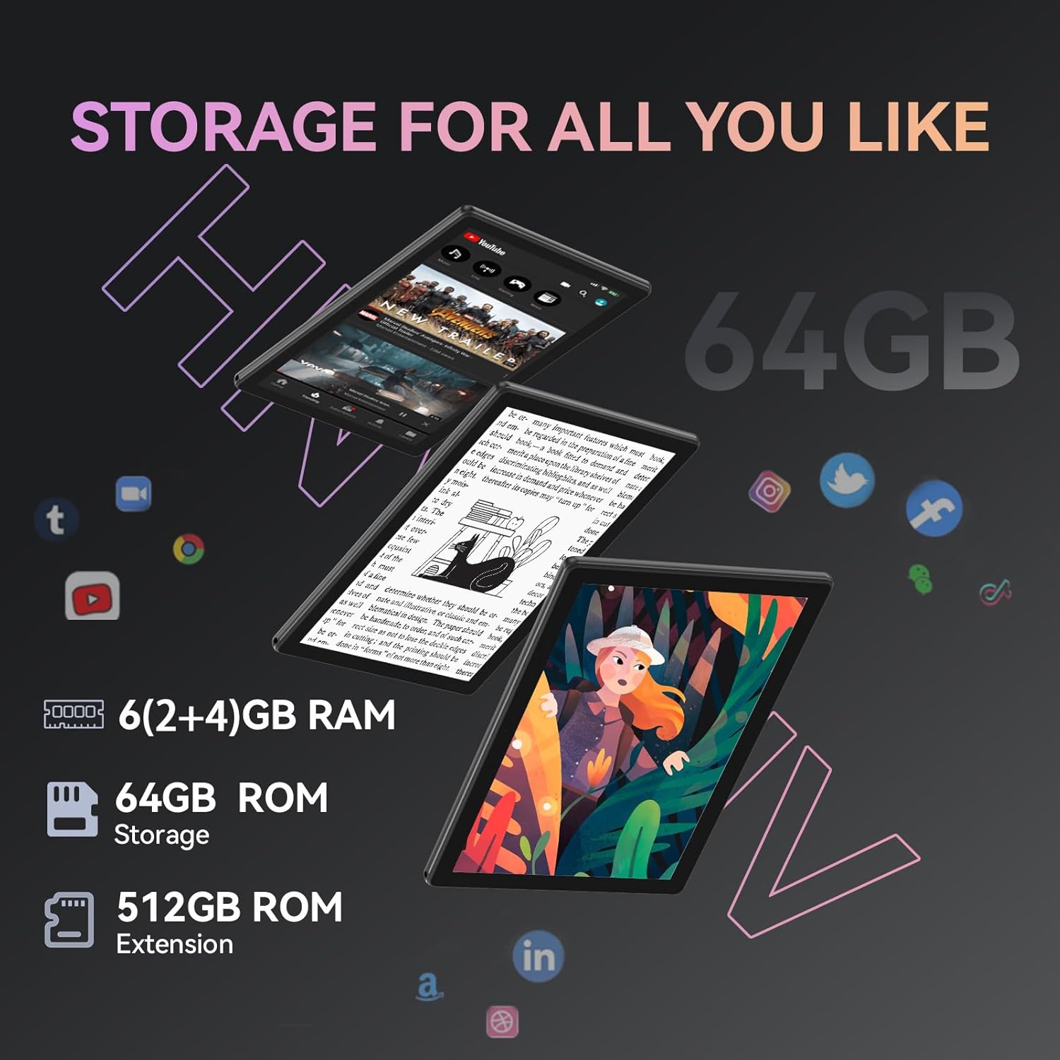 HNVHNV Tablet 10 inch Android 13 Tablets, 6GB RAM 64GB ROM, Quad-Core Processor, 1280x800 LCD Touch Screen, WiFi, GMS, Dual Camera, Bluetooth, 6000mAh Battery