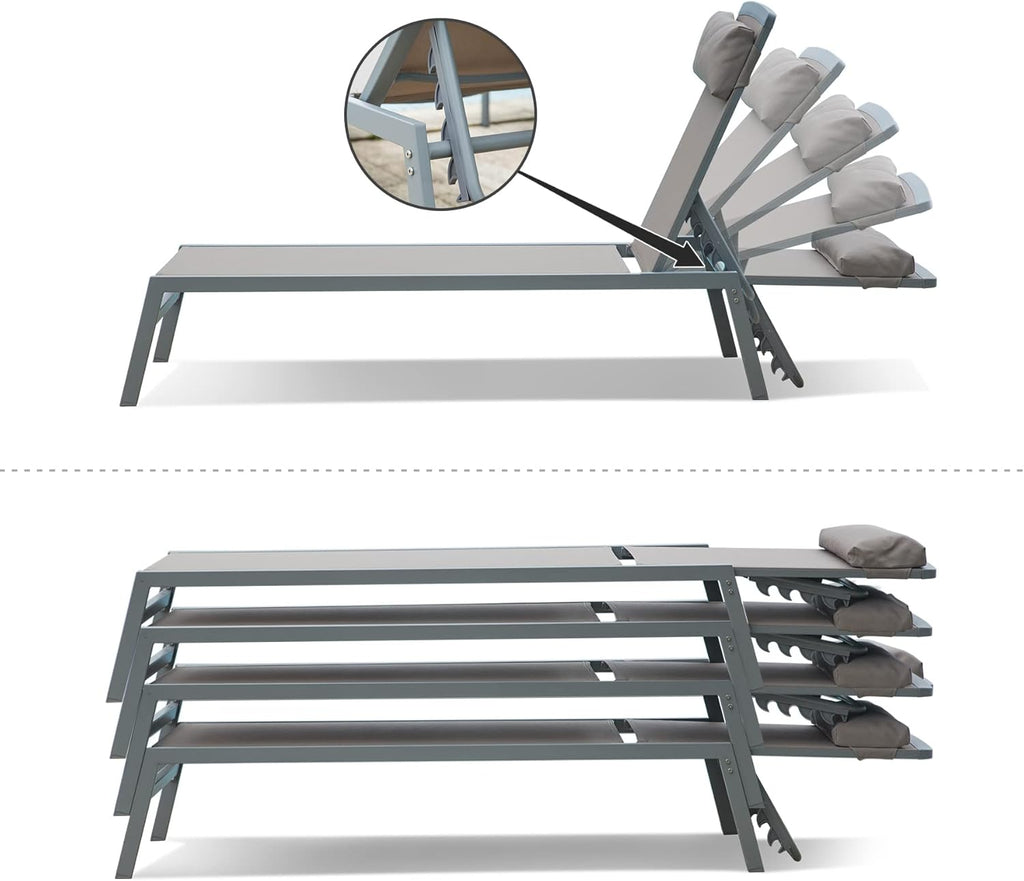 Domi Patio 3 Pieces Aluminum Textilene Chaise Lounge Set with Side Table Outdoor, Adjustable Back and Pillow for Yard Garden Sunbathing for All Seasons Khaki