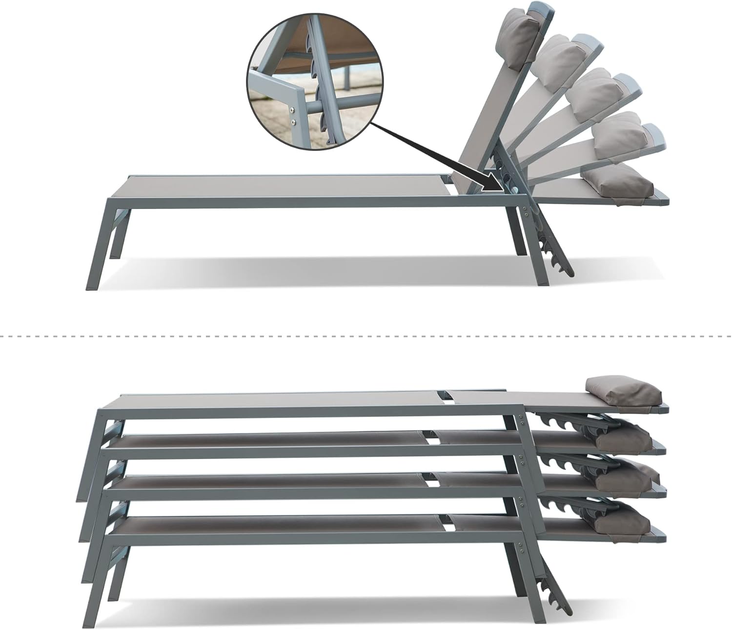 Domi Patio 3 Pieces Aluminum Textilene Chaise Lounge Set with Side Table Outdoor, Adjustable Back and Pillow for Yard Garden Sunbathing for All Seasons Khaki