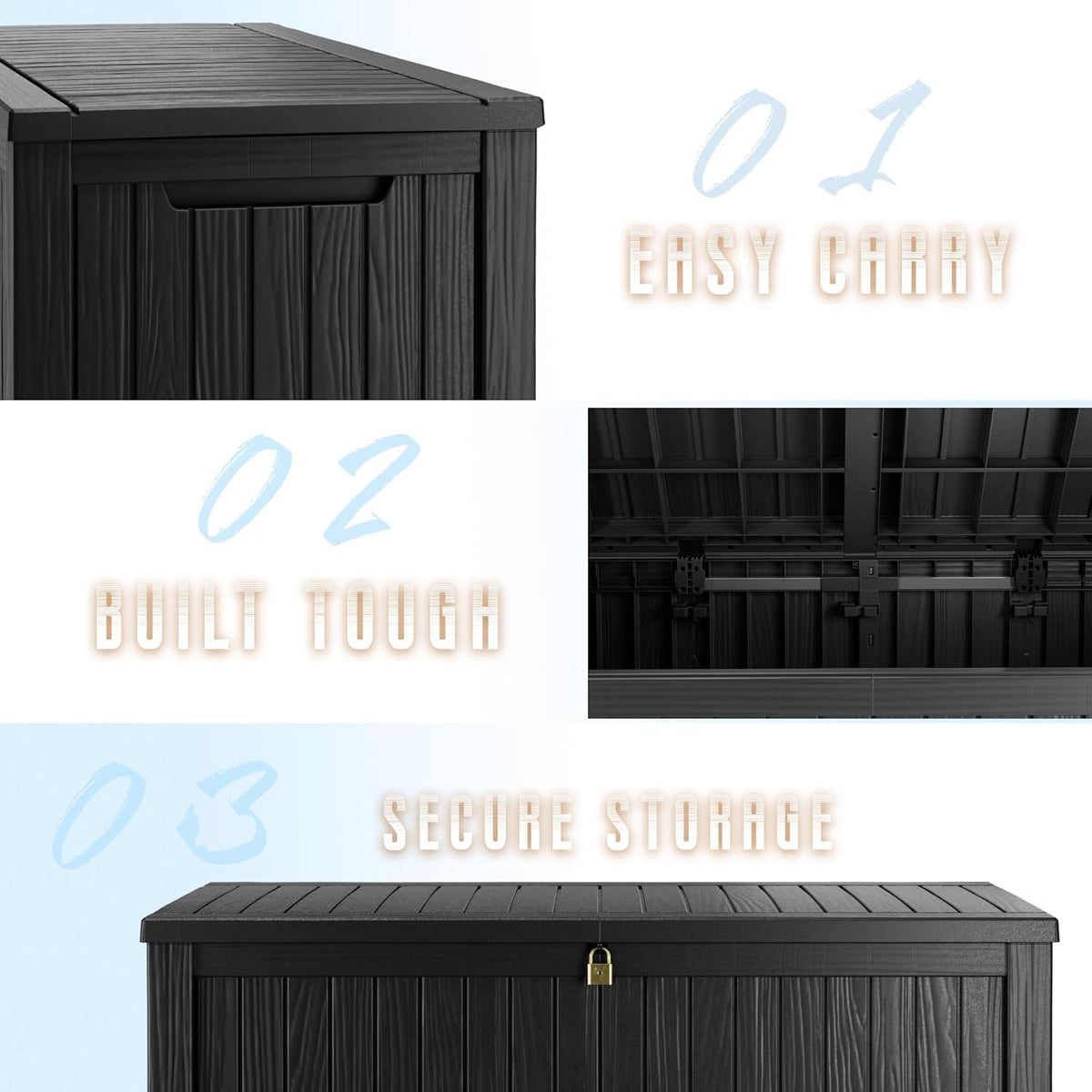 TARKARI 270 Gallon Resin Deck Box, Waterproof Outdoor Storage Box, Lockable for Patio Furniture, Garden Tools, Pool Accessories, UV-Resistant for All Weather Use, Black