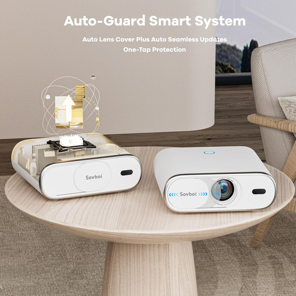 4K Projector with Google TV:3000 Brightness/Auto Lens Cap & 4D Keystone/Auto Focus & AI Voice Control, Sovboi Portable Outdoor Projector with WiFi & Bluetooth, Smart Movie Proyector for Streaming Apps