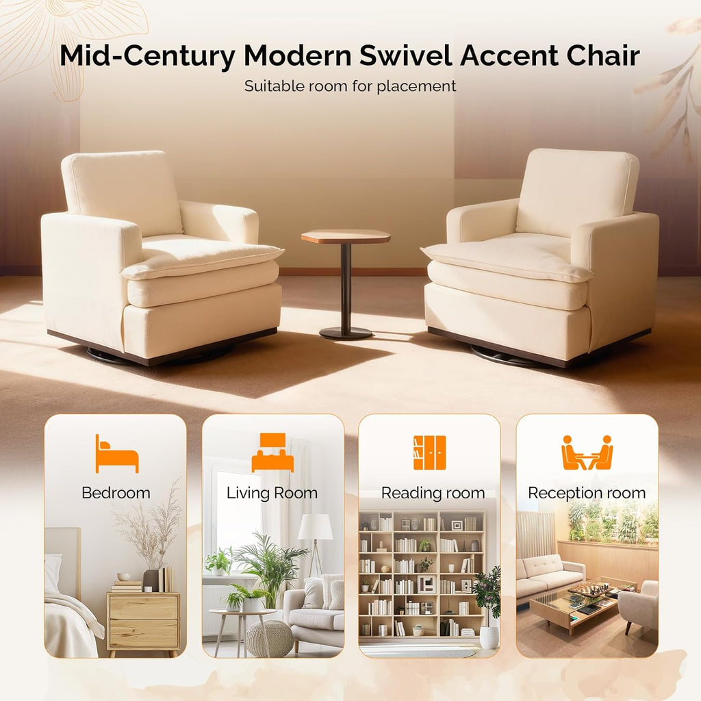 VINGLI 360°Swivel Mid-Century Modern Accent Armchairs Set of 2 with Double-Layer Seat Cushions, Comfy Single Square Sofa, Upholstered Club Chairs for Living Room,Bedroom, Reading Room, Chenille Beige