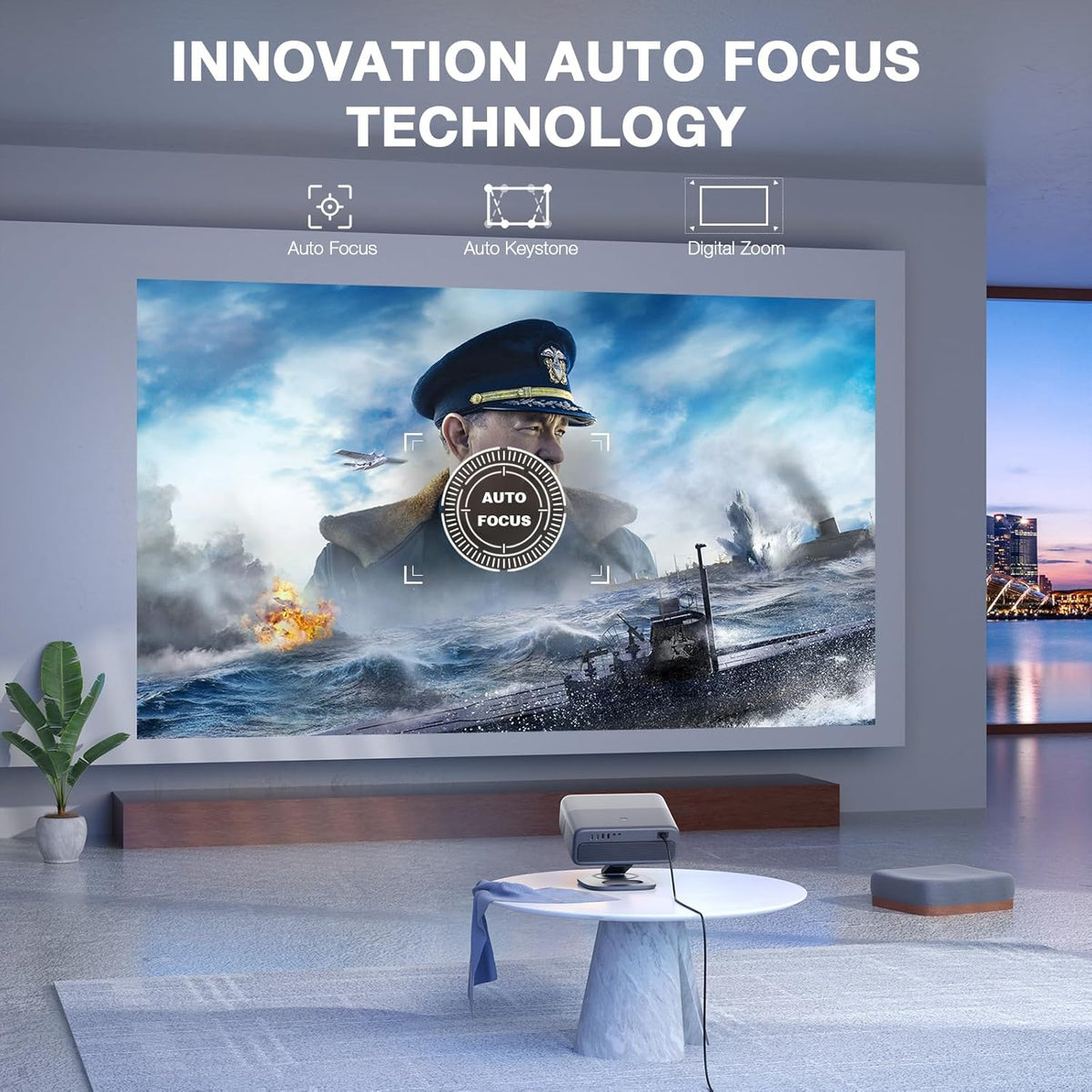 Now with Netflix & 3000 ANSI 4K Projector with WiFi and Bluetooth,TOF Real-Time Auto Focus Smart Projector, AuKing Outdoor Movie Home Theater Proyector with Omni-Adjustable Stand(grey)