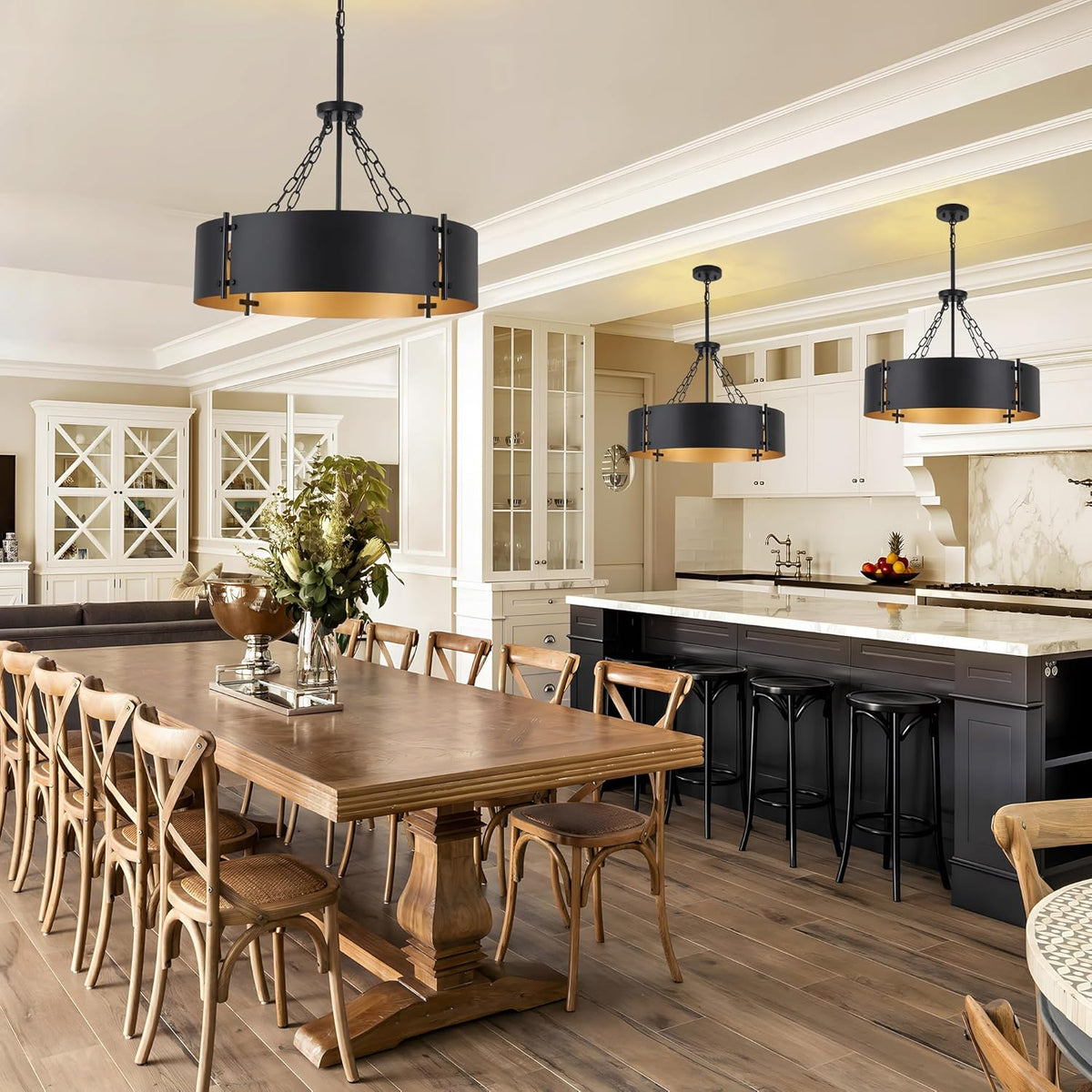 23.62'' Modern Drum Chandelier 6-Light Farmhouse Black and Gold Dining Room Light Fixture Industrial Large Pendant Lighting Rustic Hanging Light Fixtures Vintage Chandeliers for Living Room Kitchen