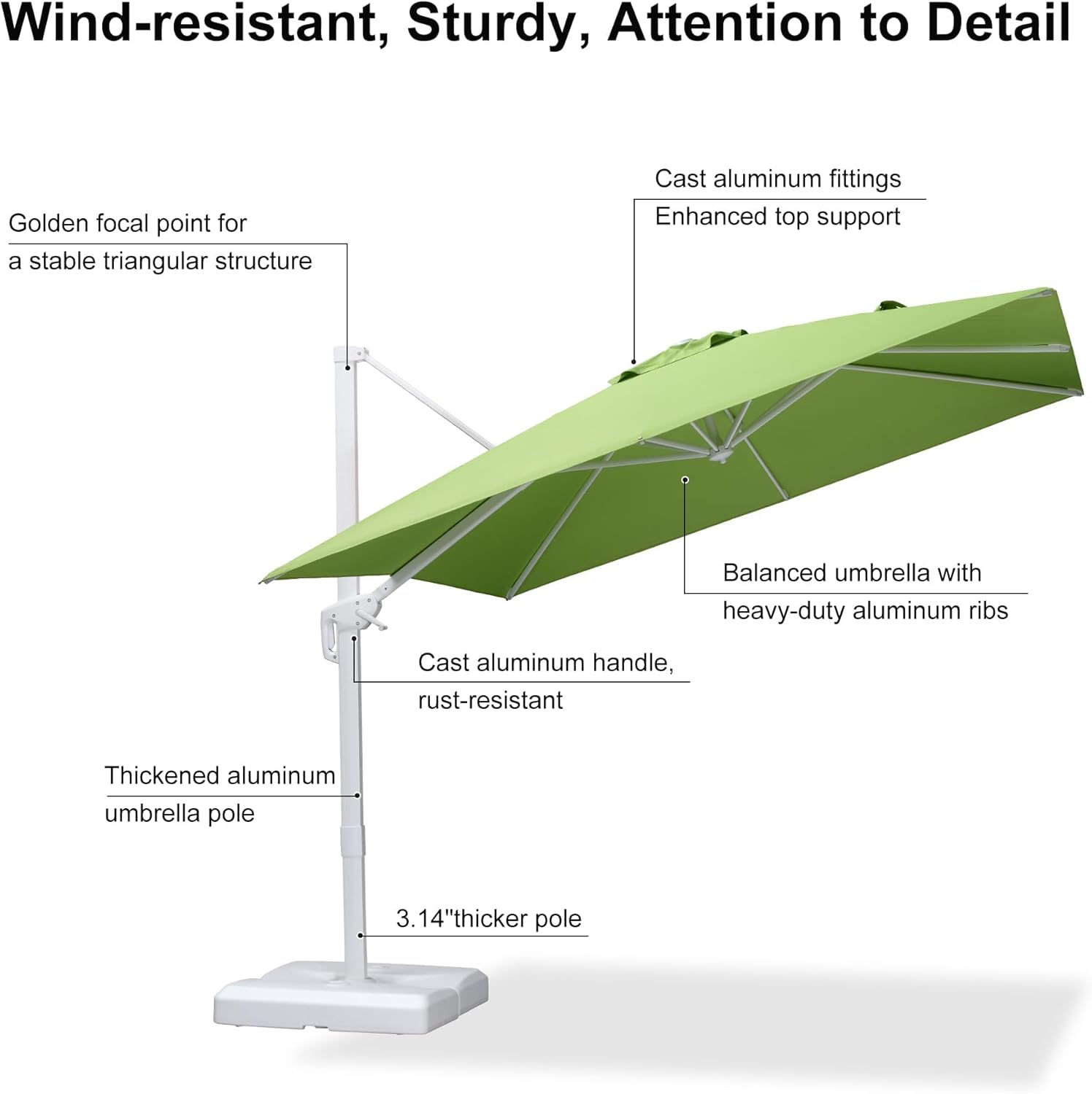 PURPLE LEAF 9 FT Patio Umbrella With Base White Cantilever Umbrella Square Outdoor Offset Umbrella Windproof with 360° Rotation for Garden Deck Pool, Macaw Green