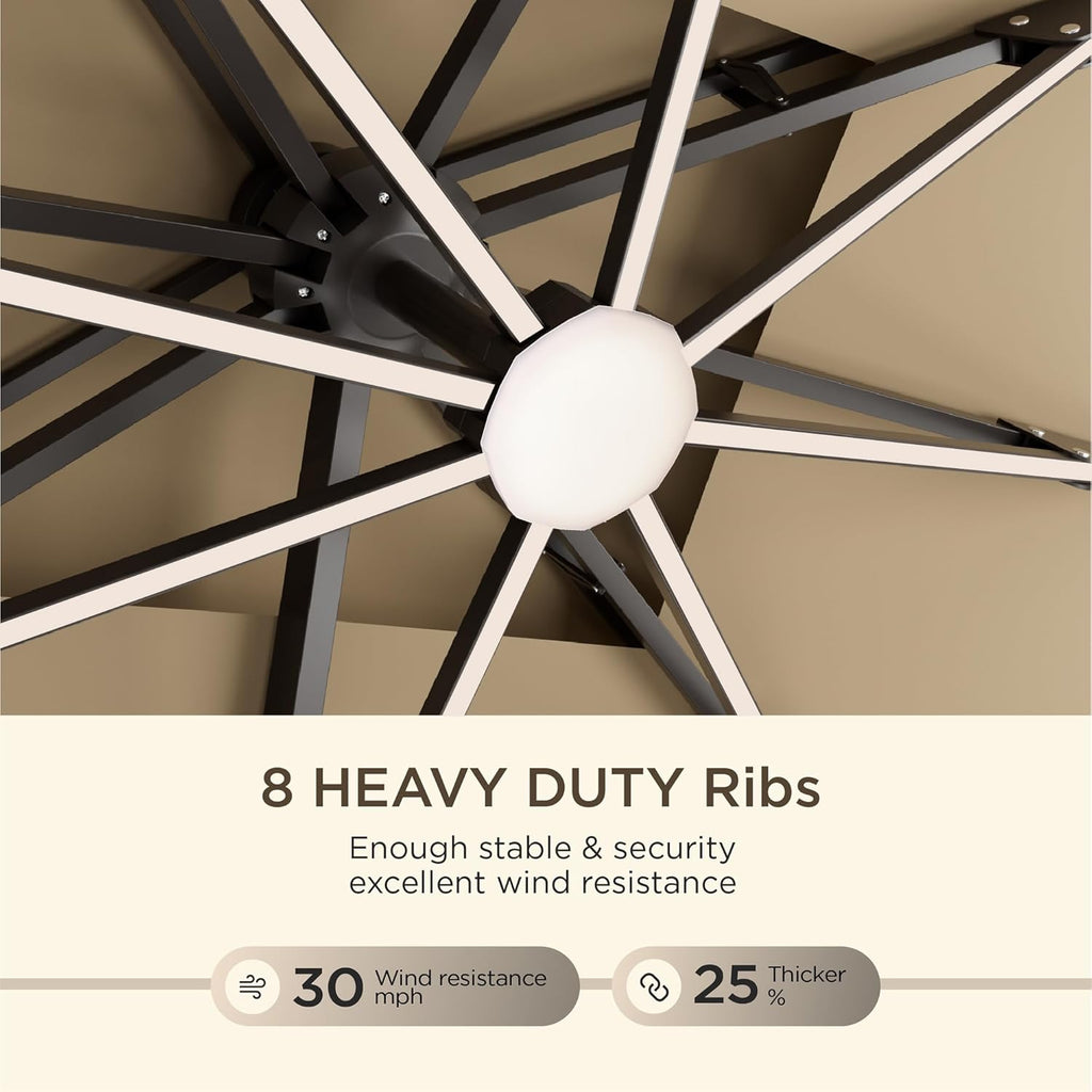Deconk 10' X 13 'Patio Umbrella with LED Lights Outdoor Cantilever Large Rectangle Offset Umbrellas Heavy Duty Aluminum Double Top with 360-degree Rotation for Pool Garden Deck, Beige