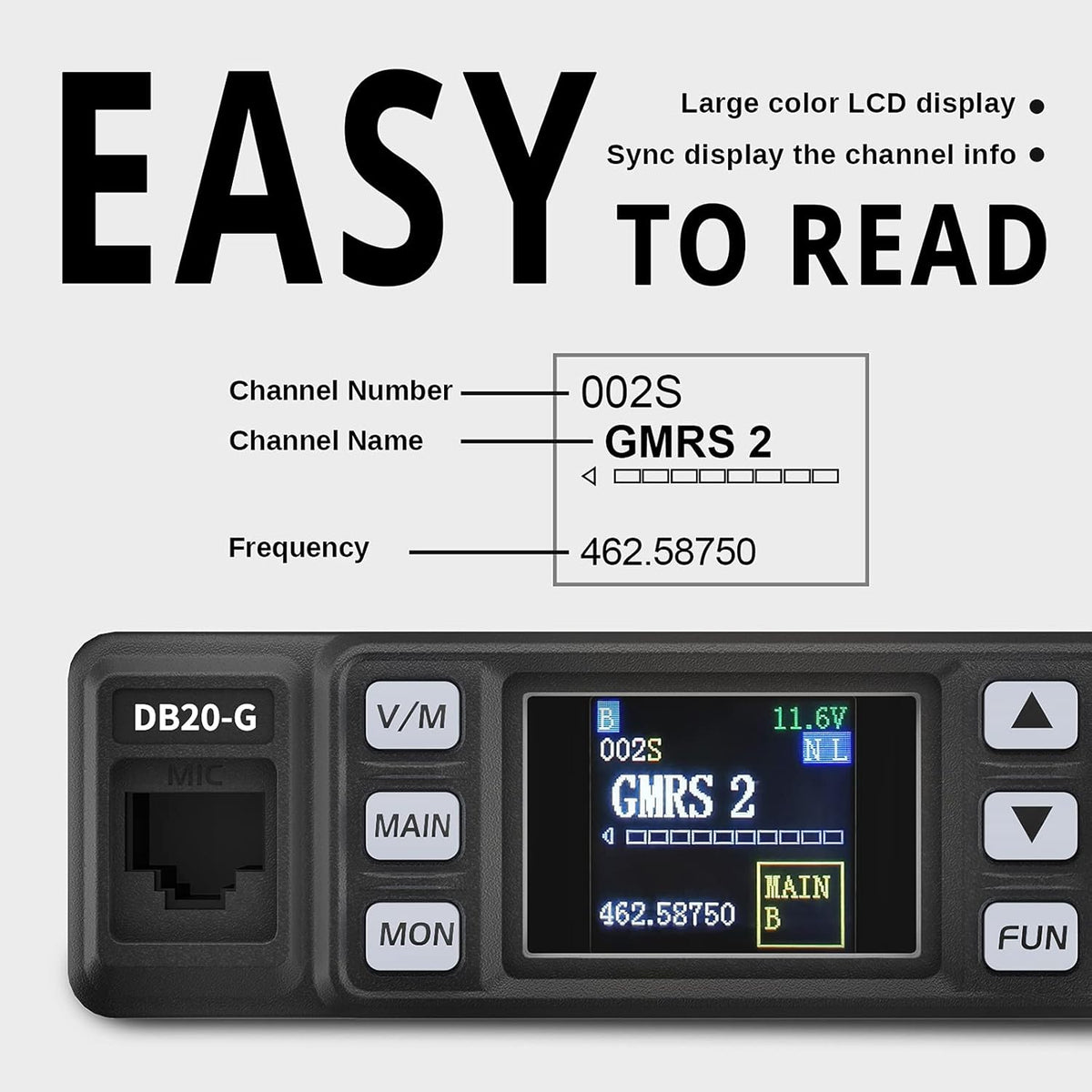 Radioddity DB20-G GMRS Mobile Radio for Car Vehicle, 20W Long Range Two Way Radio with Cigarette Lighter Plug, 500 Channels, VOX, Display Sync, for Off Road Overlanding 4x4
