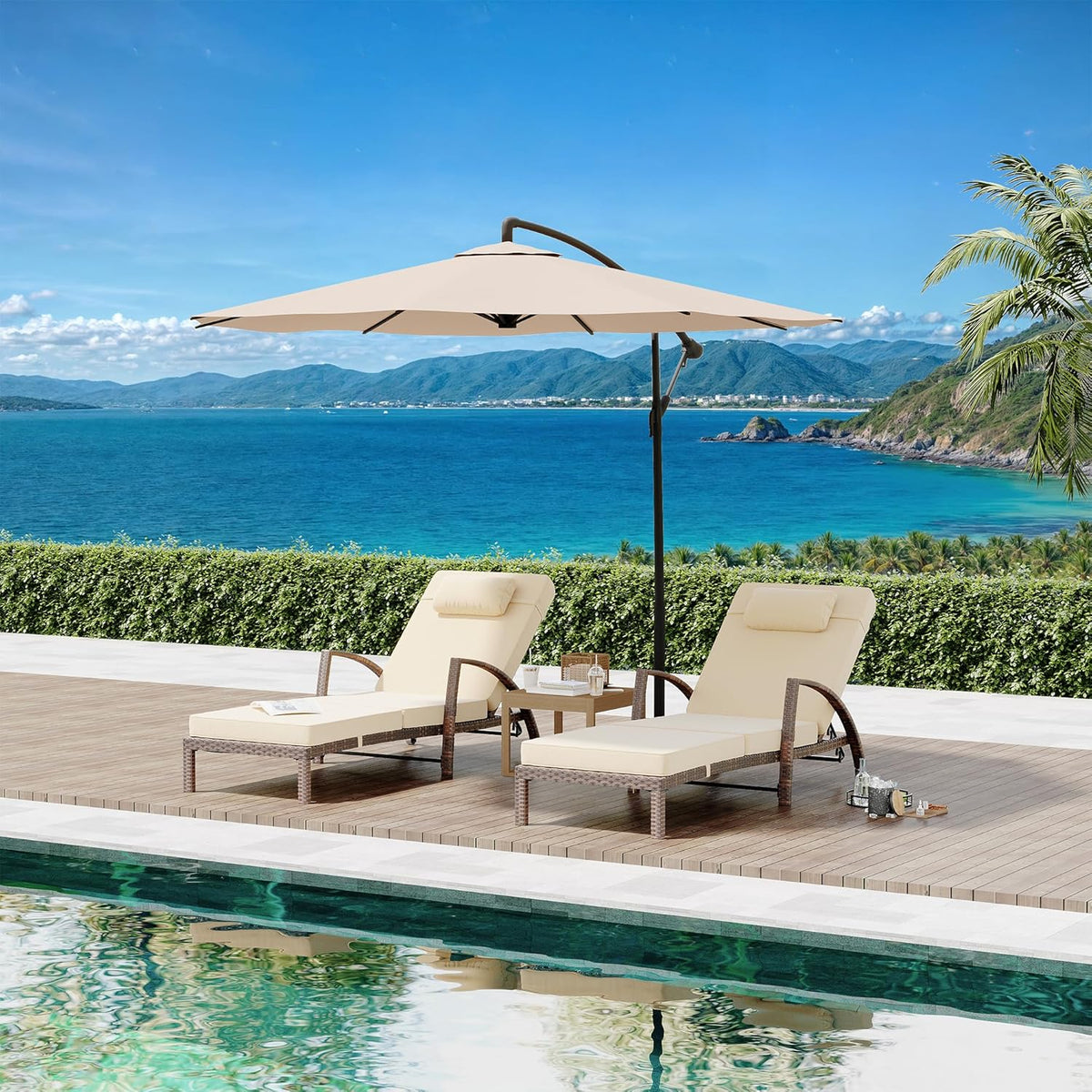 Garvee Outdoor Chaise Lounge Chairs Set of 2, PE Rattan Wicker Patio Lounge Chairs with 5-Position Adjustable Backrest, 3.5" Cushions & Wheels, 380 lbs Capacity Heavy Duty Pool Lounge Chair, Beige
