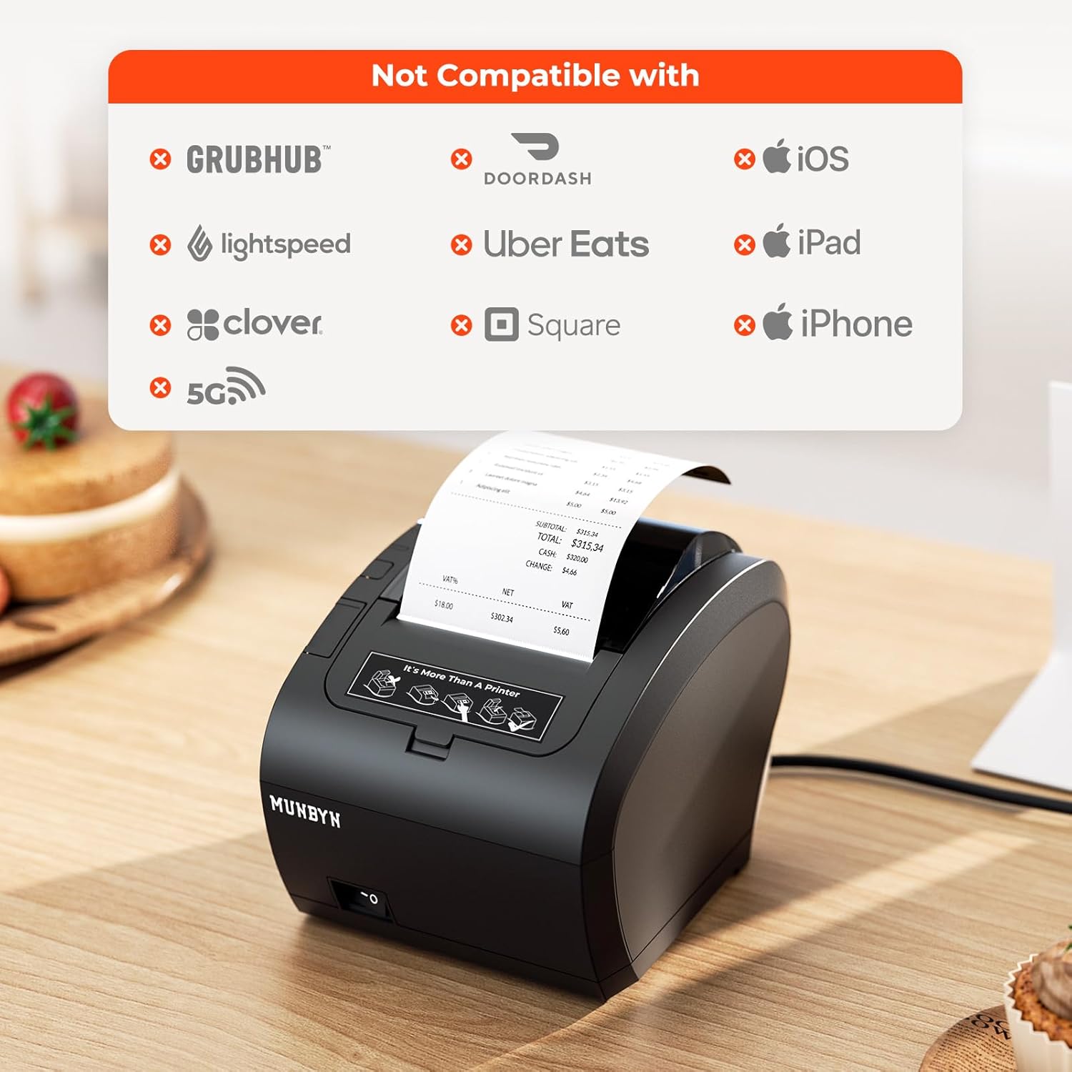 MUNBYN WiFi Receipt Printer with USB Port, 80mm WiFi POS Printer Works with Mac Windows Chromebook Linux Cash Drawer, No Support for Square, Zettle, Shopify, Kyte, Bluetooth or 5G Wi-Fi