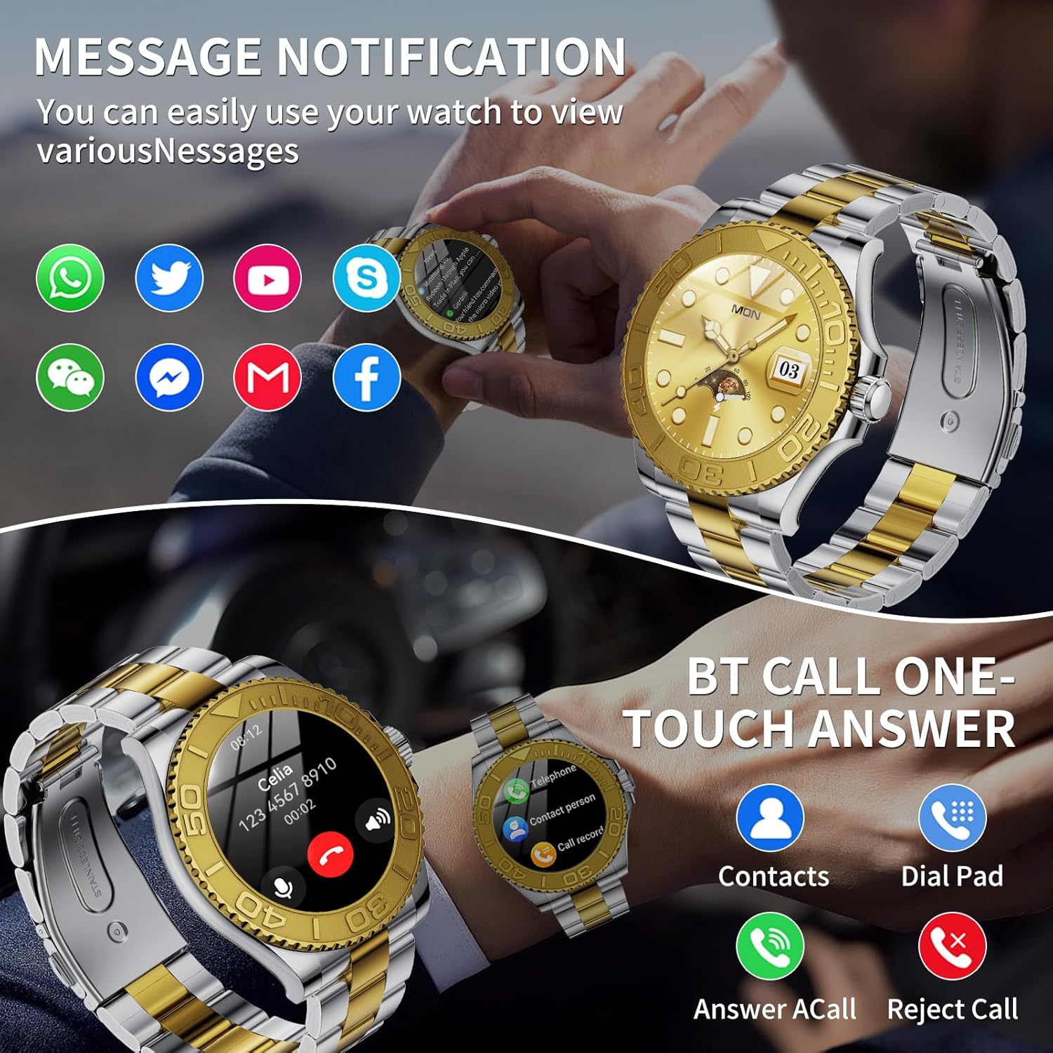 J-CD Smart Watch for Men, 1.32 inch HD Screen, Support Make&Receive Call/Sleep Tracker/Sports Mode, Fitness Tracker Watch, Stainless Steel Band, Waterproof (Gold)