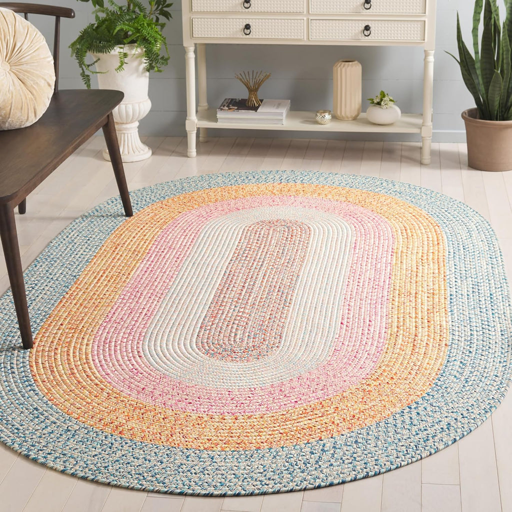 SAFAVIEH Washable Rug Outdoor Braided Collection - 6' x 9' Oval, Aqua & Pink, Handmade & Reversible, Non-Shedding & Easy to Clean, Ideal for Patio, Backyard, Mudroom (BRD318J)