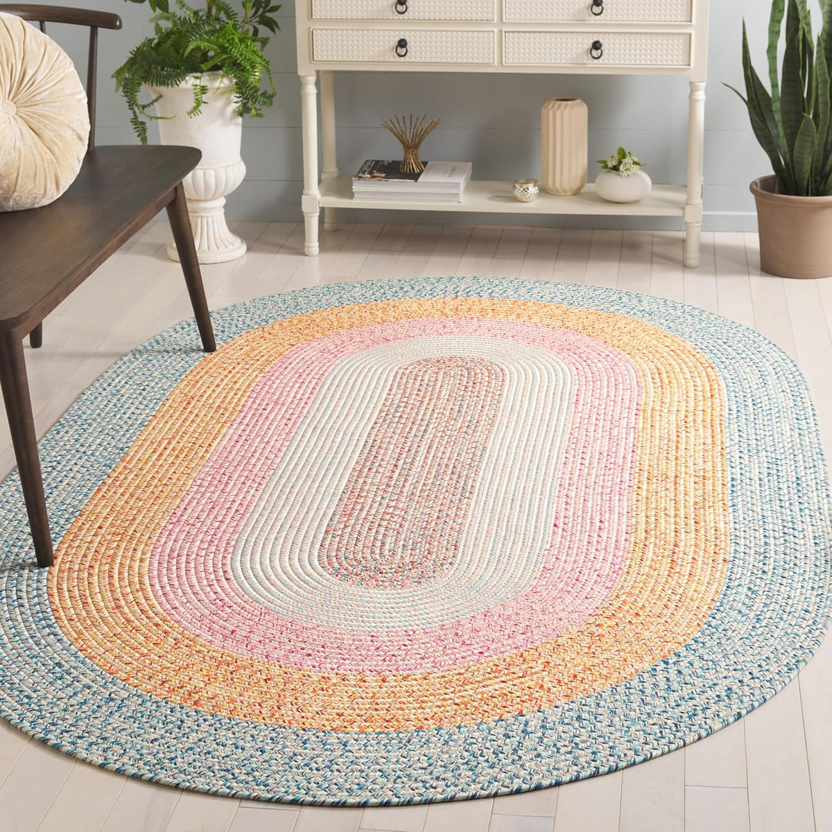 SAFAVIEH Washable Rug Outdoor Braided Collection - 6' x 9' Oval, Aqua & Pink, Handmade & Reversible, Non-Shedding & Easy to Clean, Ideal for Patio, Backyard, Mudroom (BRD318J)